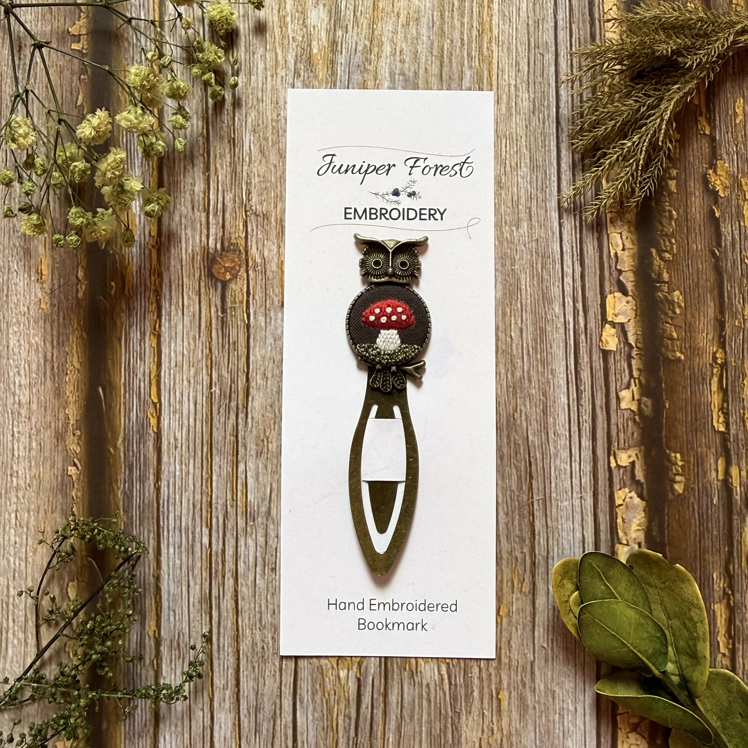 Bronze Owl Hand Embroidered Mushroom Bookmark