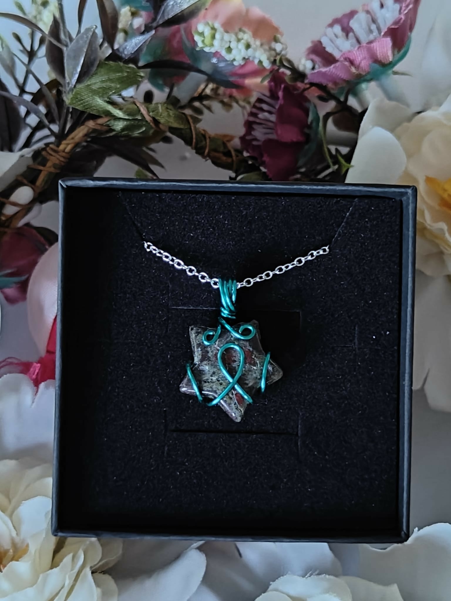 Kambaba Jasper Wire Wrapped Crystal Star Necklace on Sterling Silver Chain