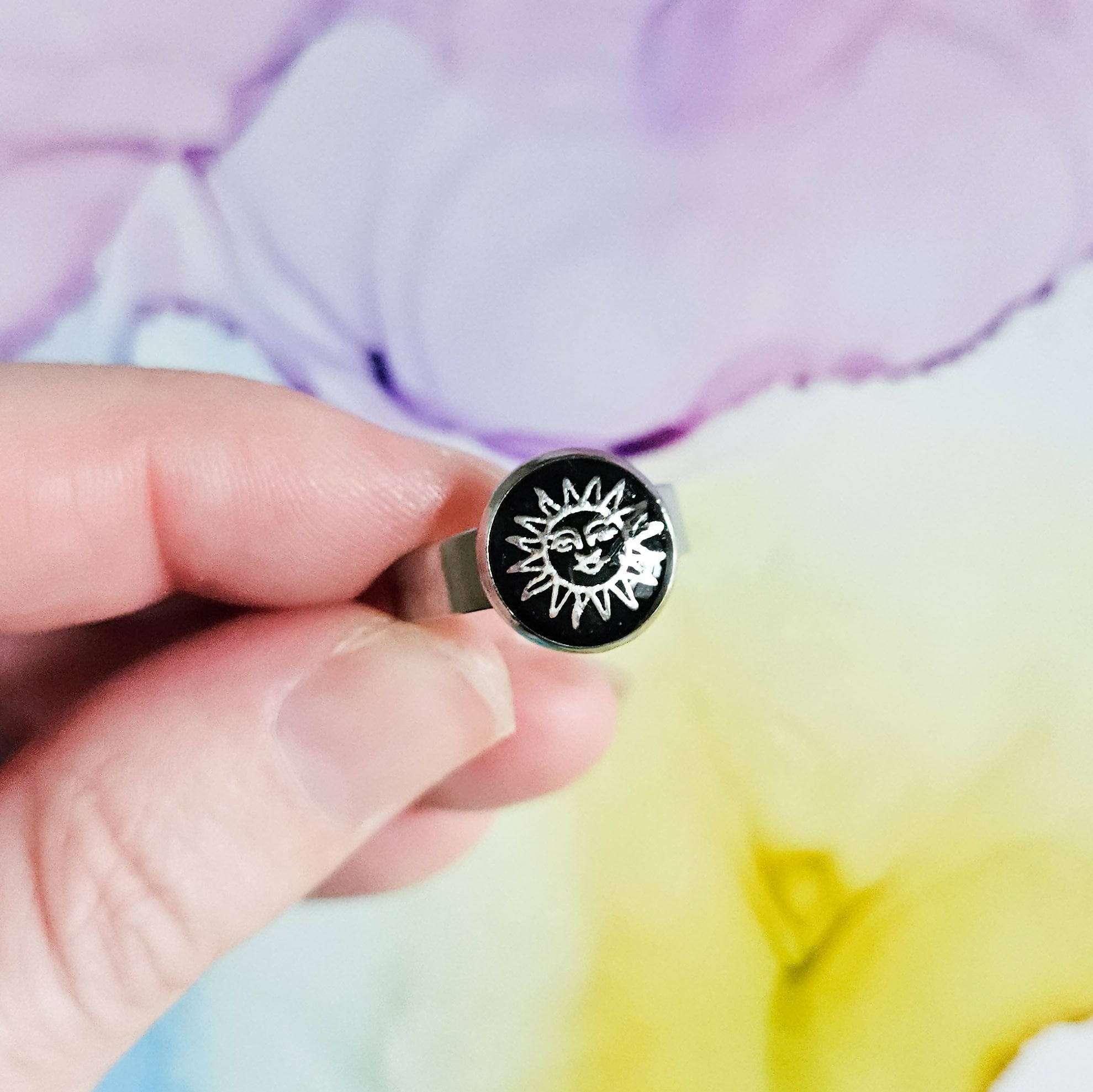Handmade Black And Silver Sun Resin And Stainless Steel Adjustable Ring