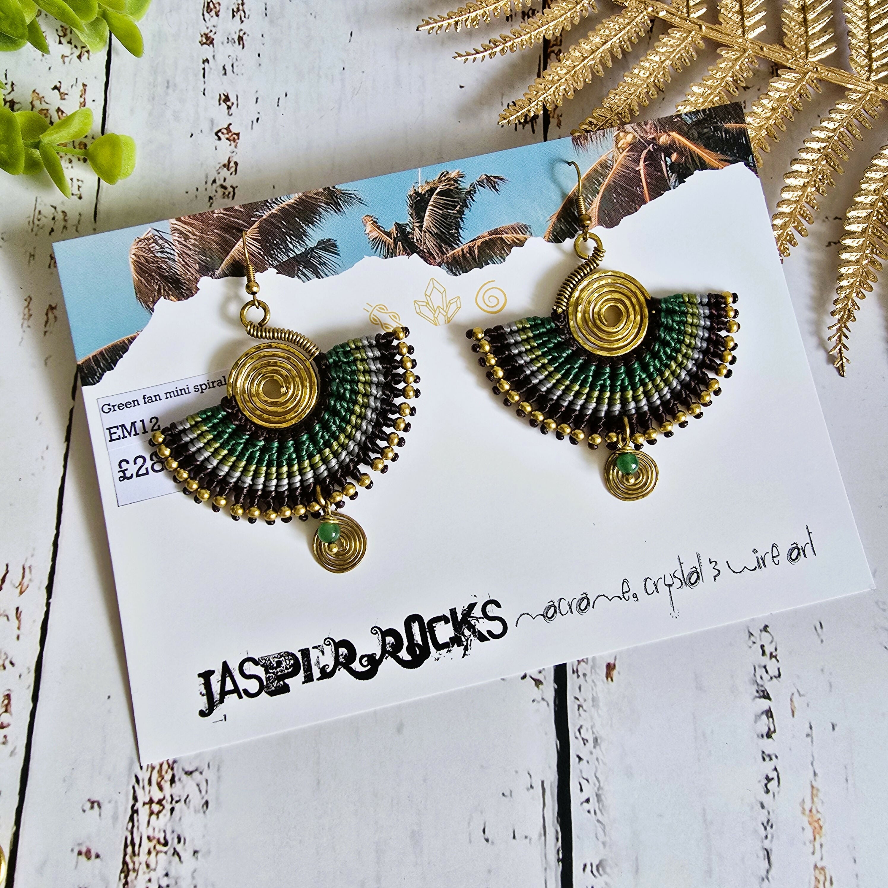Green Jade Macramé Earrings; Boho Crystal Earrings with Gold Spiral Wire Art