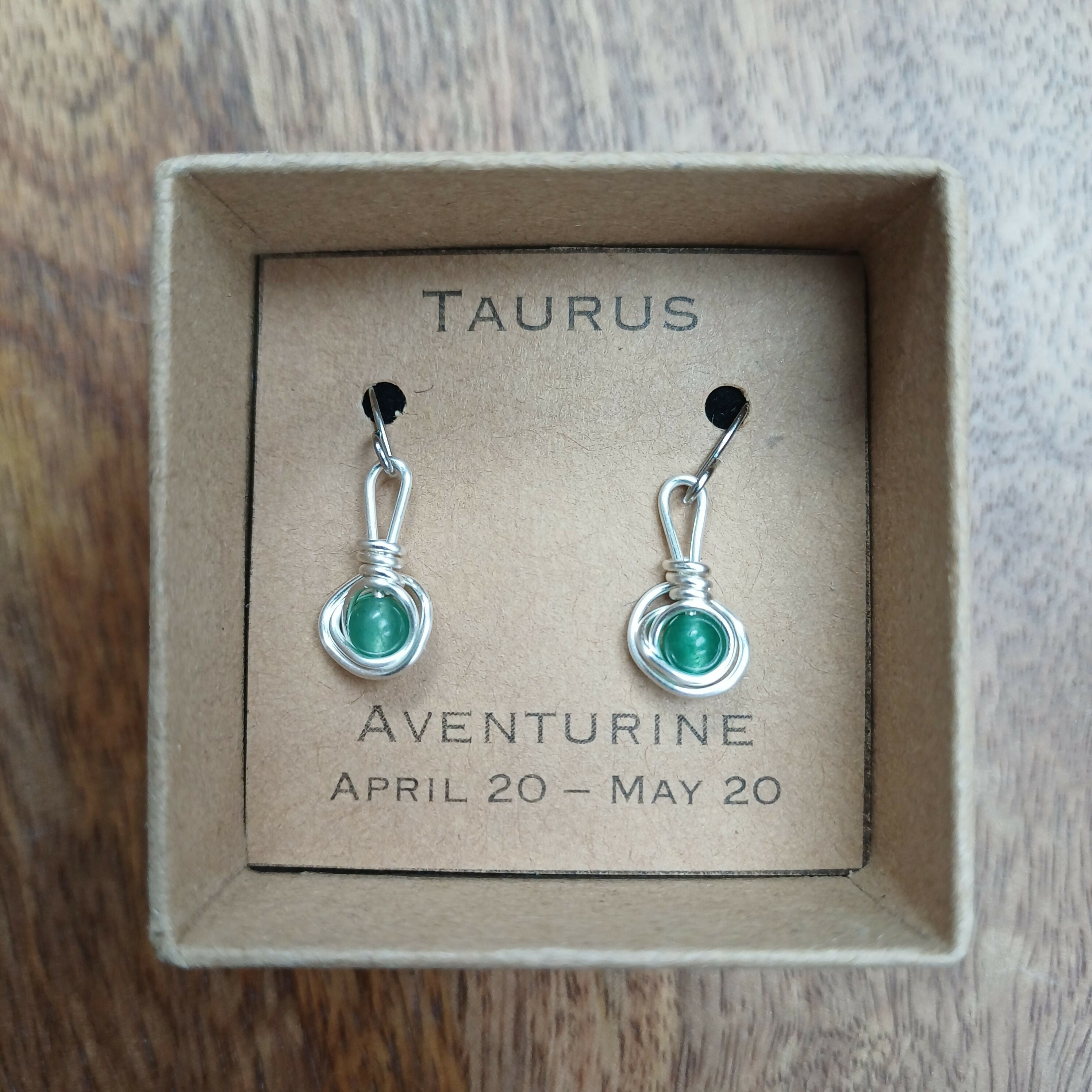 Taurus Green Aventurine Zodiac Wire Wrapped Earrings