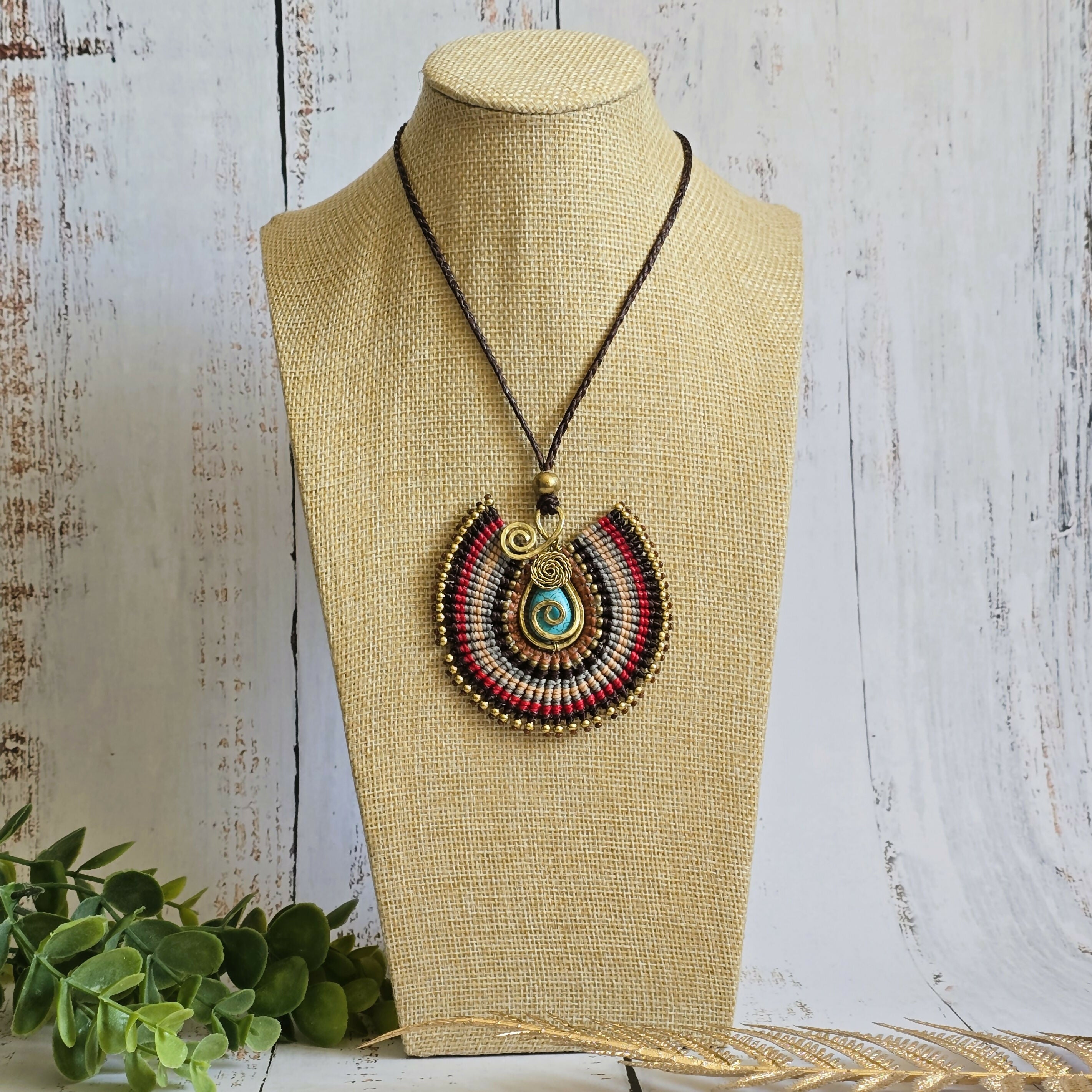 Turquoise Crystal Macramé Necklace; Regal Oval Bohemian Pendant with Gold Spiral Wire-Art