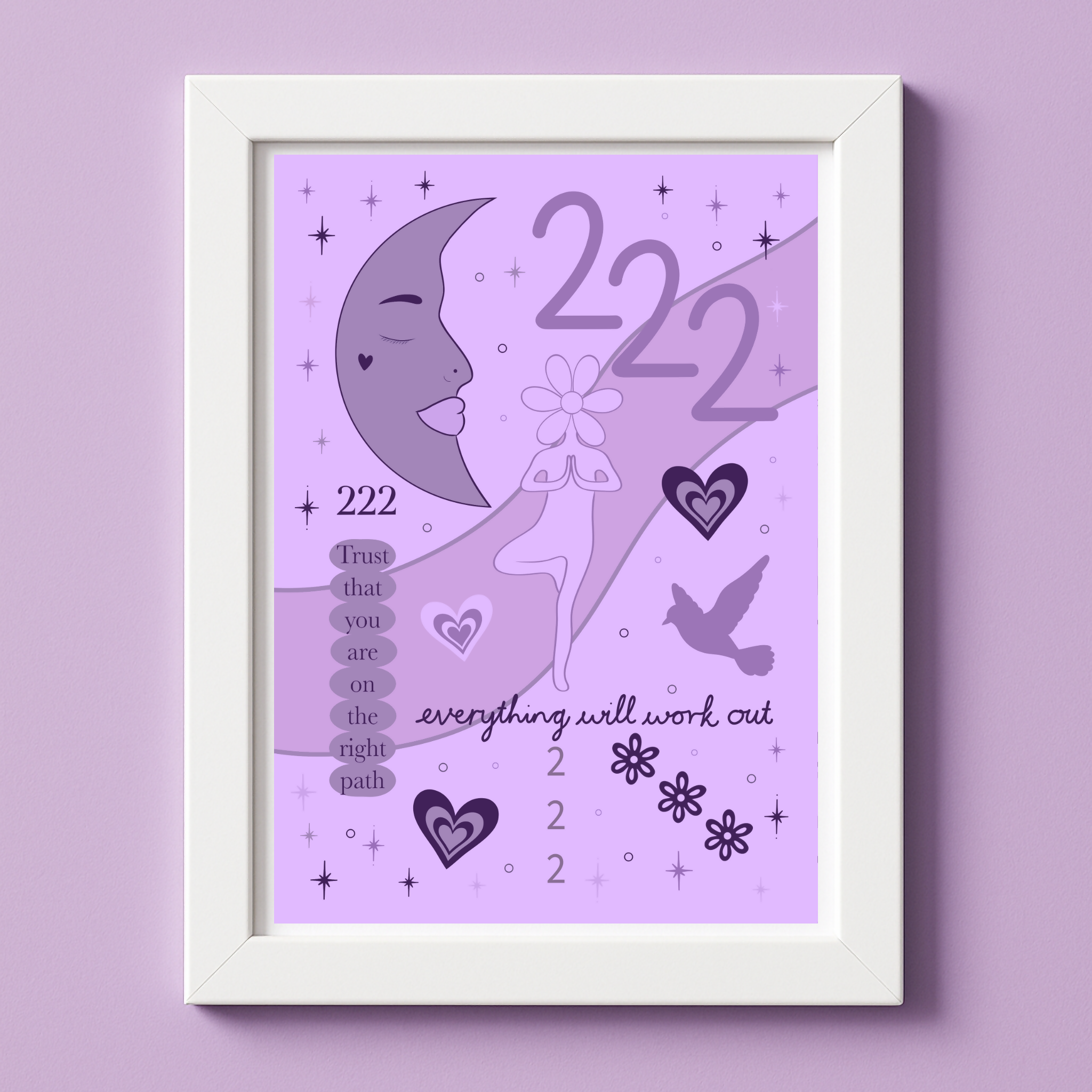 222 Angel Number Print Unframed A4 Lilac Purple