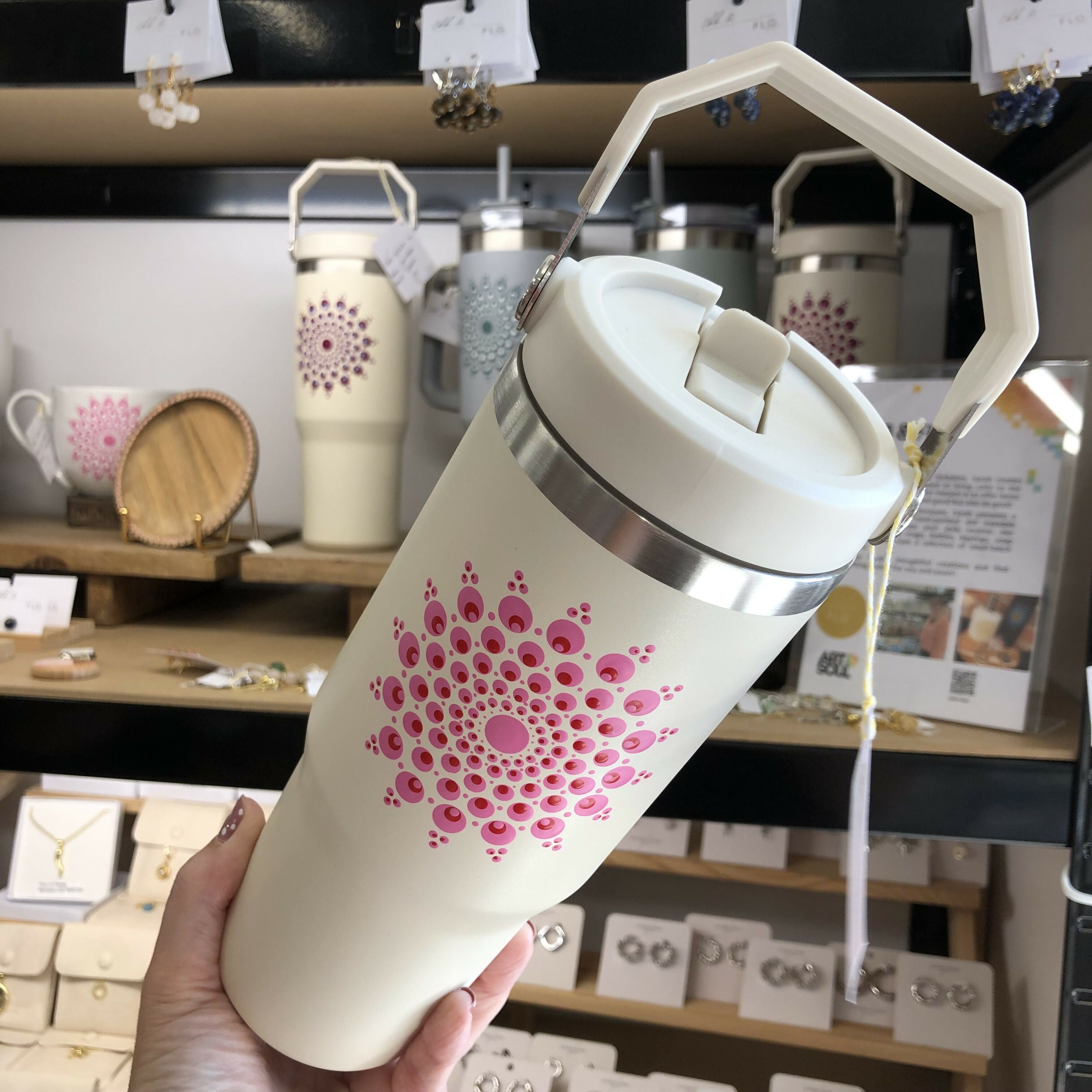 Hand Painted Dot Mandala Thermal Water Bottle with Handle: Cream with Pink and Red