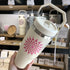 Hand Painted Dot Mandala Thermal Water Bottle with Handle: Cream with Pink and Red