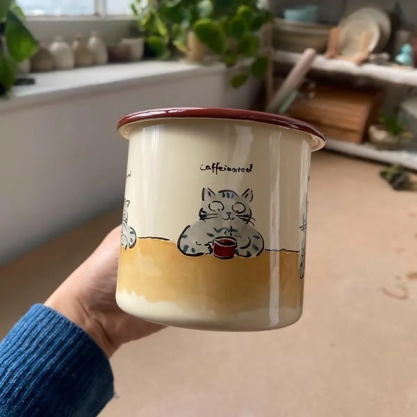 Enamel Mug Cat With Coffee