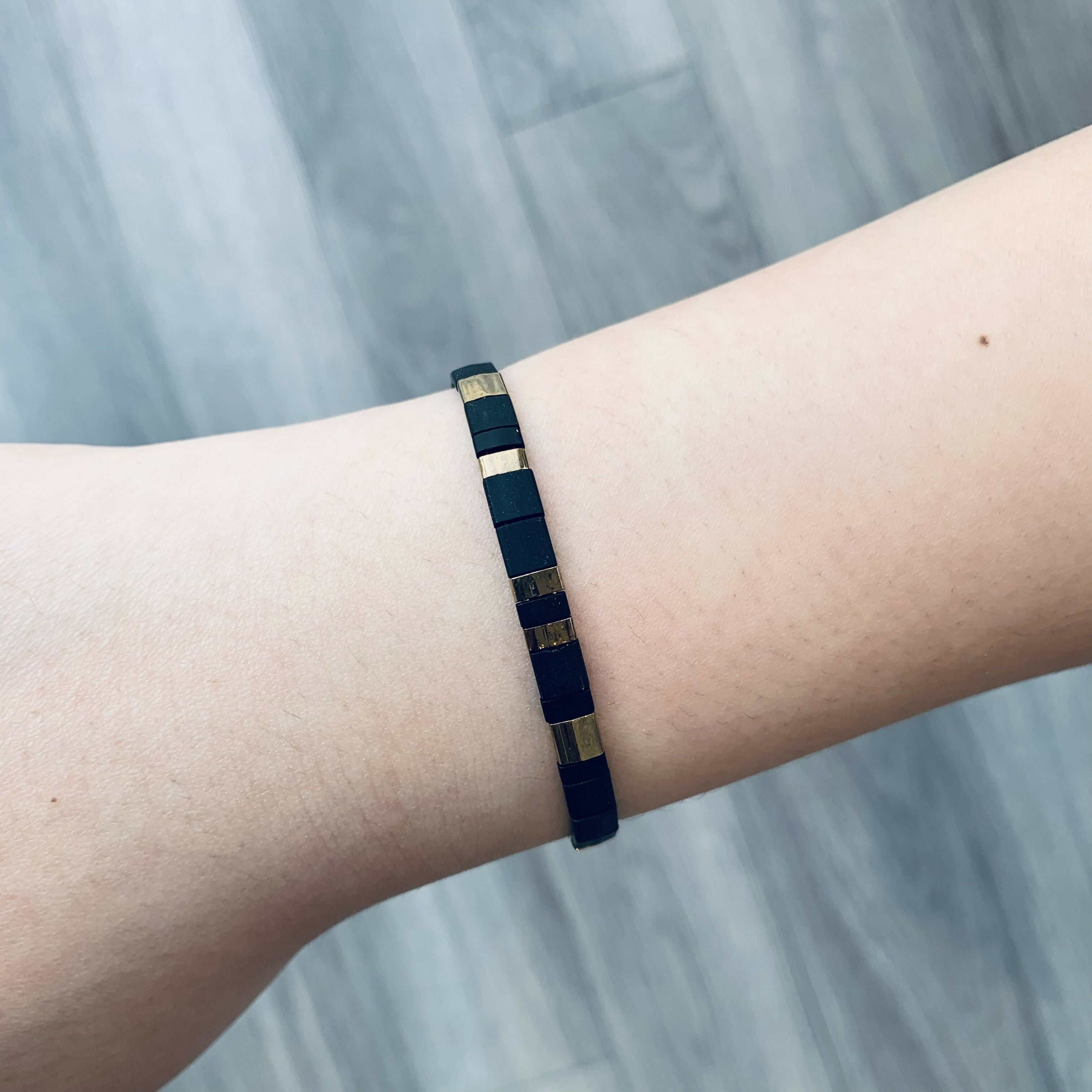 Japanese Tila Glass Bead Bracelet - Matte Black & Gold