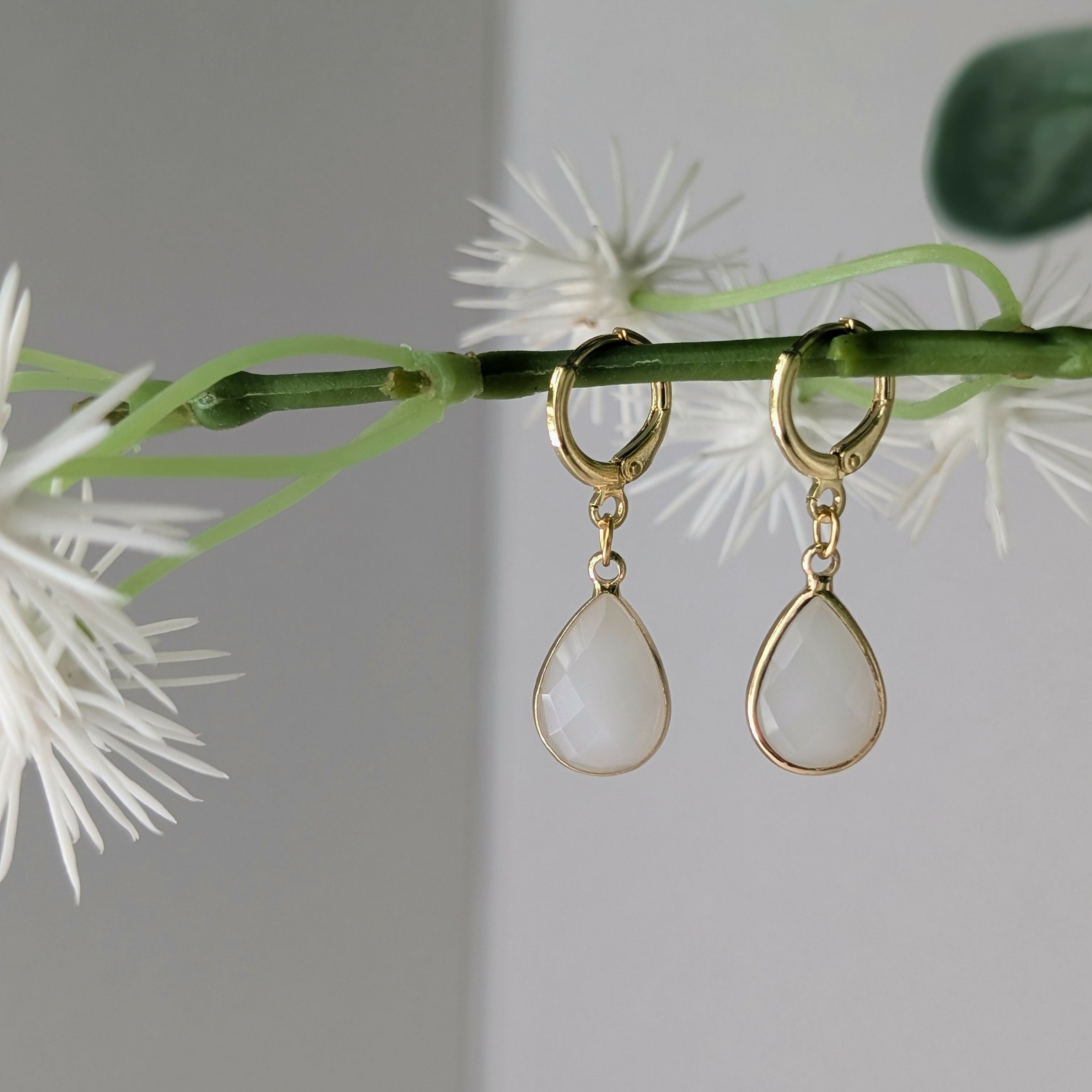 White Jade Faceted Teardop Gold Plated Huggie Earrings