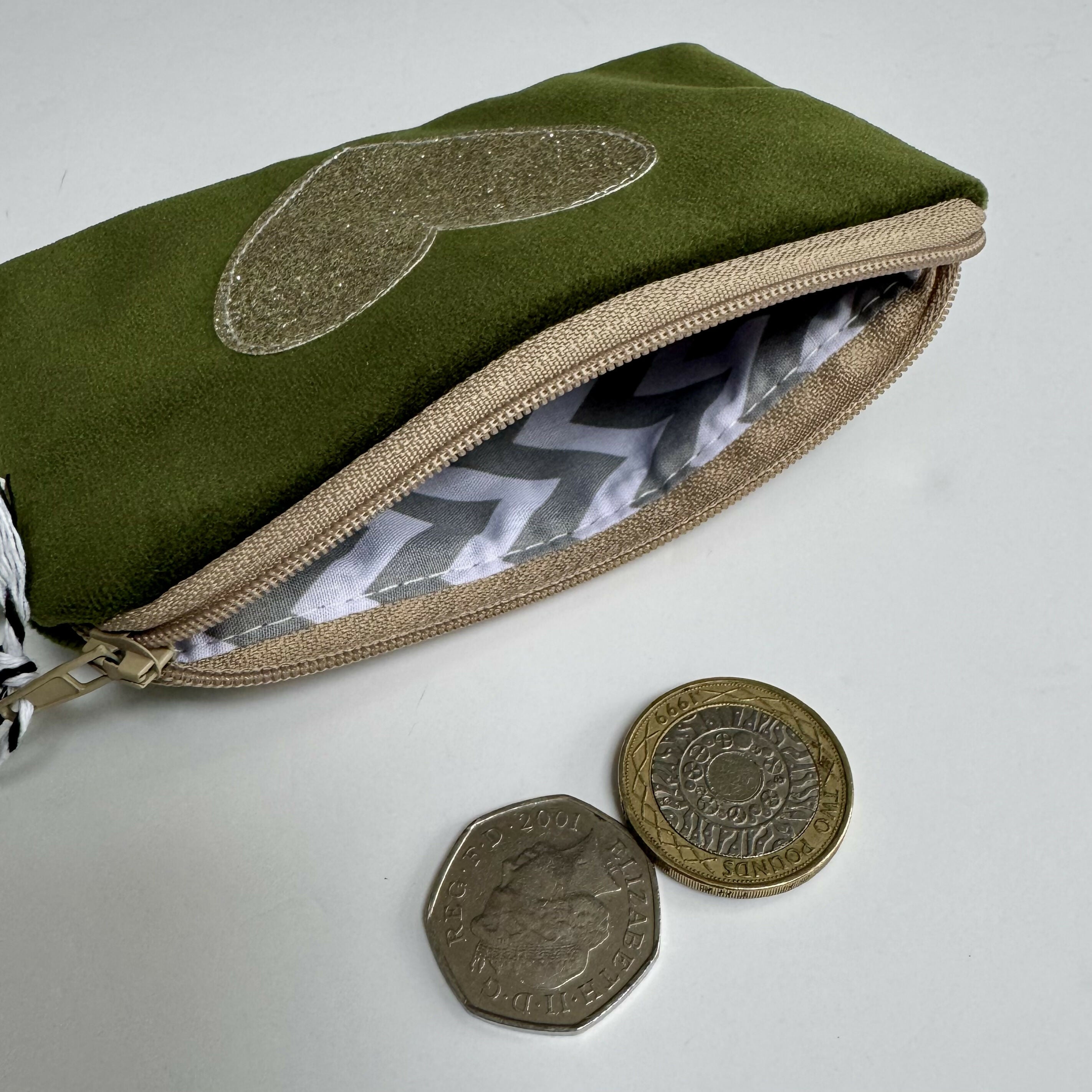 Olive Green Velvet Purse with a Gold Sparkle Heart