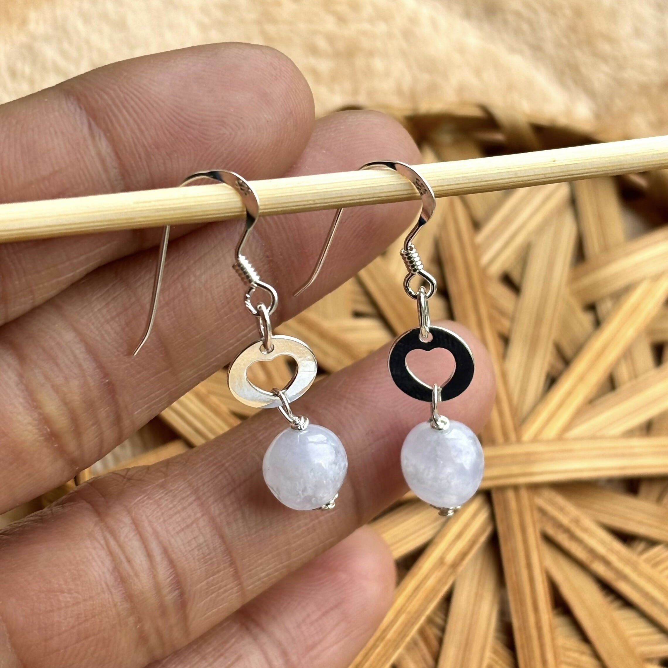 Sterling Silver Heart Earrings with Blue Lace