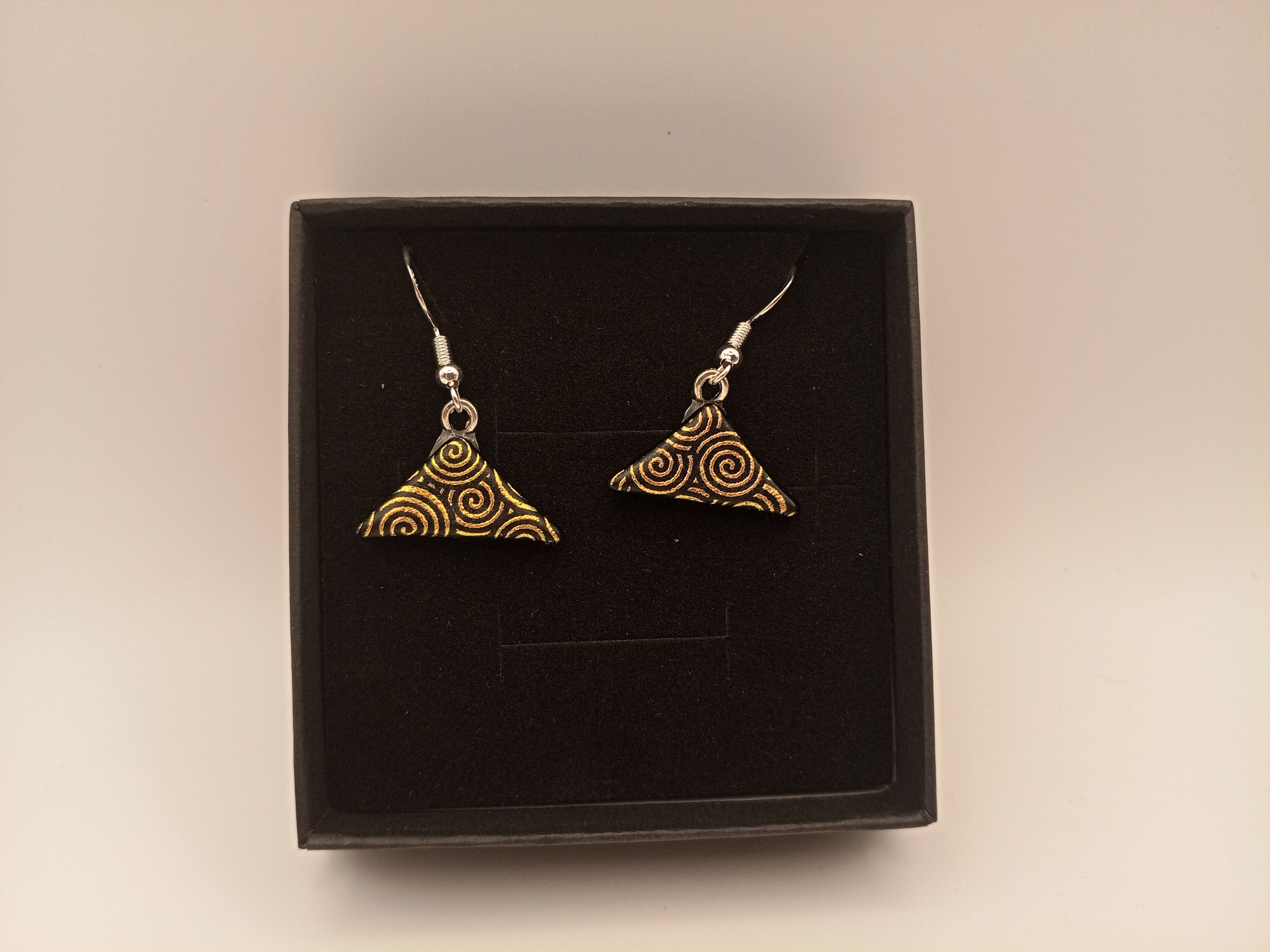 Gold Spirals On Black Dichroic Earrings
