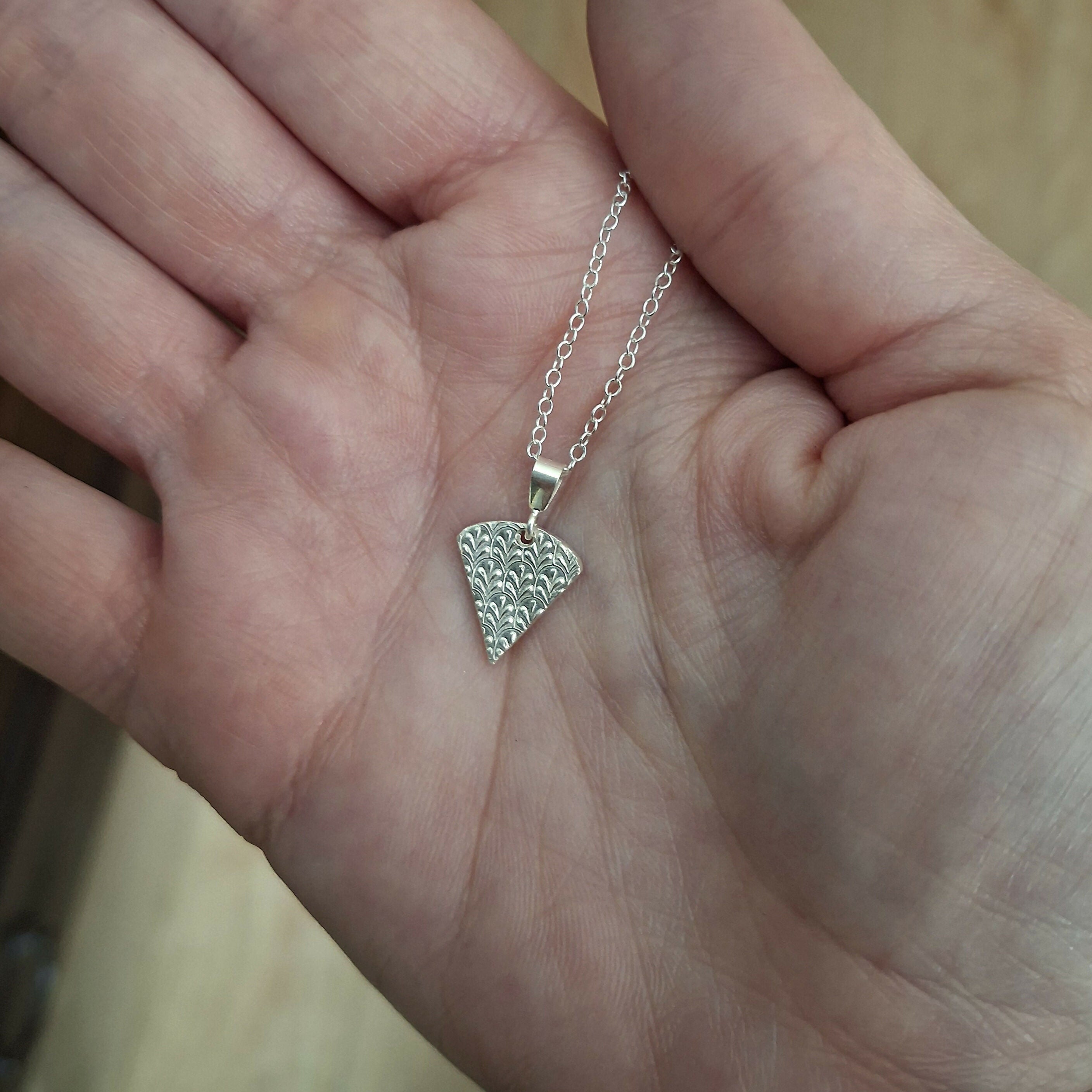 Handmade Silver Triangle Charm Necklace Fancy Leaf Texture