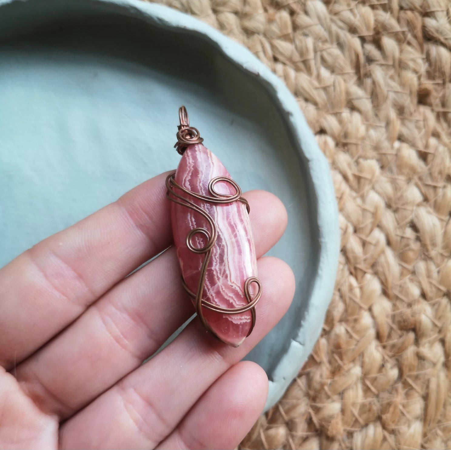 Hand Wrapped Copper & Rhodochrosite Pendant With Suede Cord