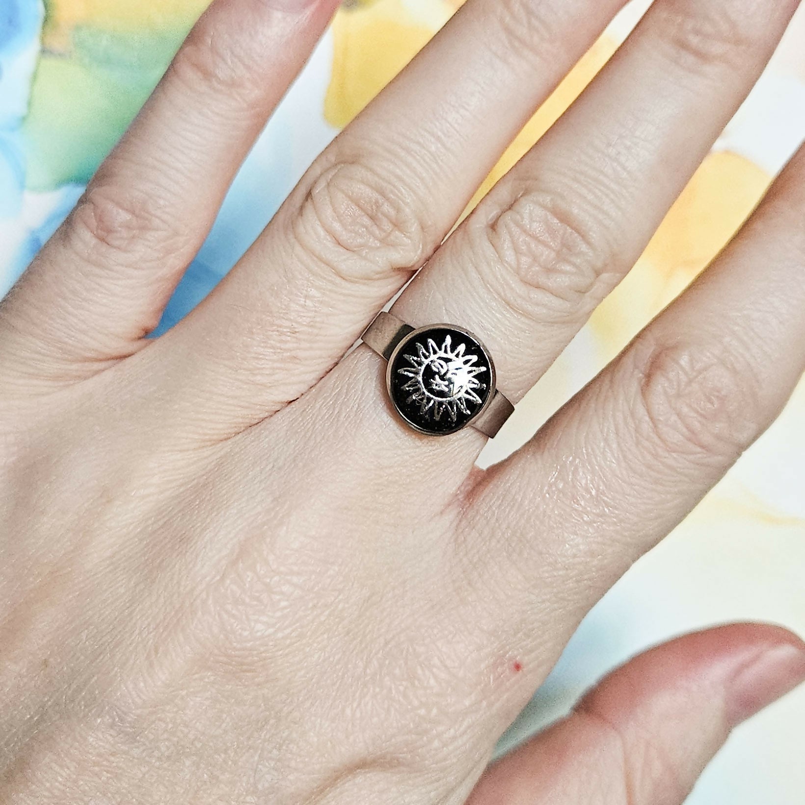 Handmade Black And Silver Sun Resin And Stainless Steel Adjustable Ring