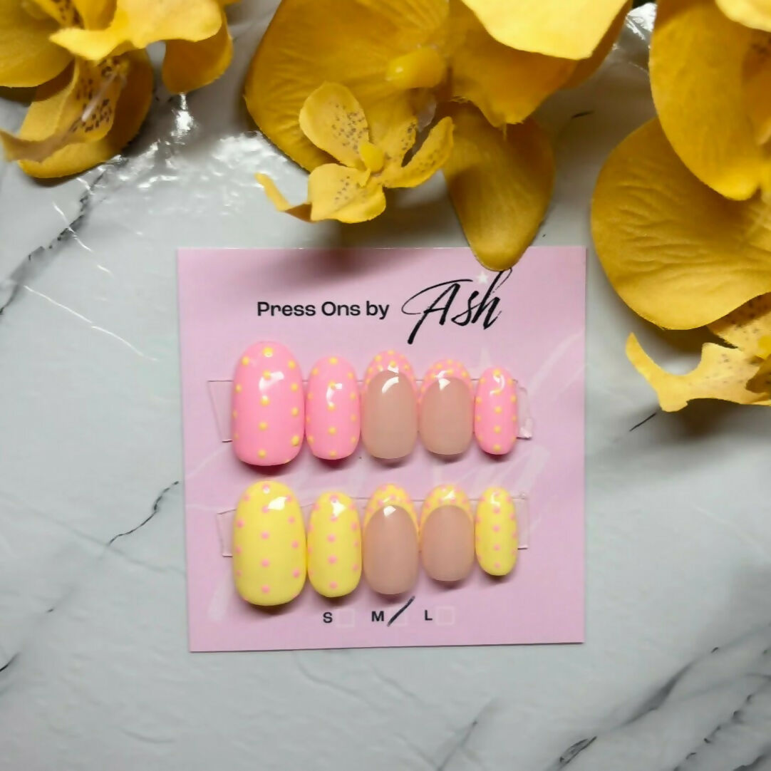 Reusable Pink and Yellow Dotty French Tip Handmade Press On Nails