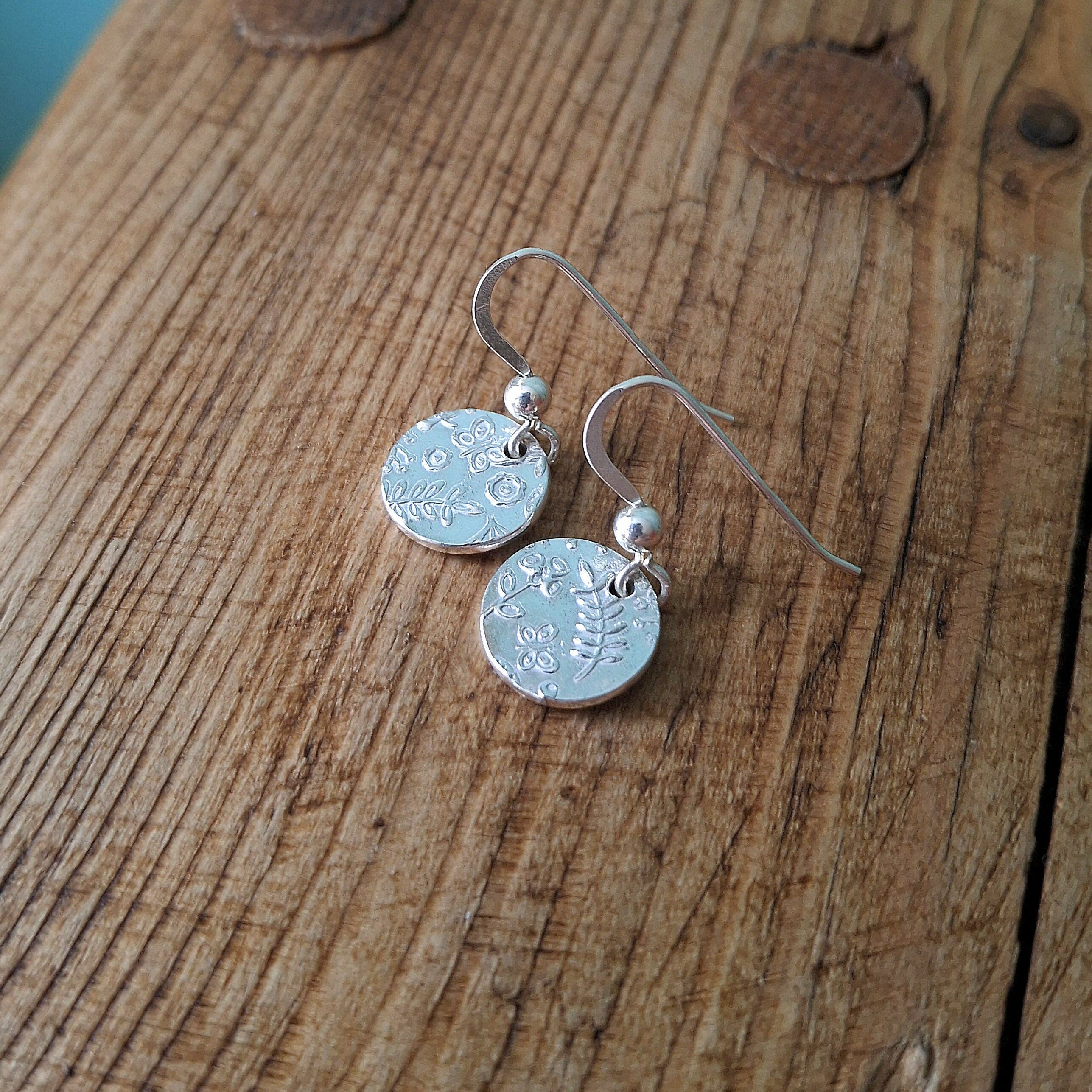 Handmade Round Silver Earrings Botanical Texture