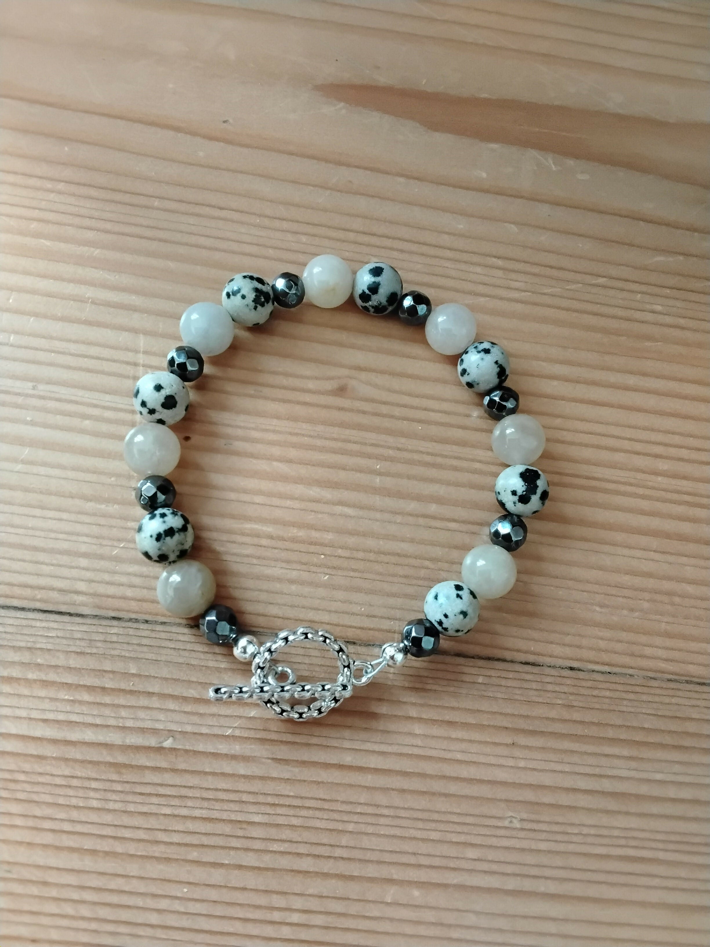 Tibetan Silver Toggle Catch Bracelet with Faceted Grey Hematite, Dalmatian Jasper & Aged Jade.