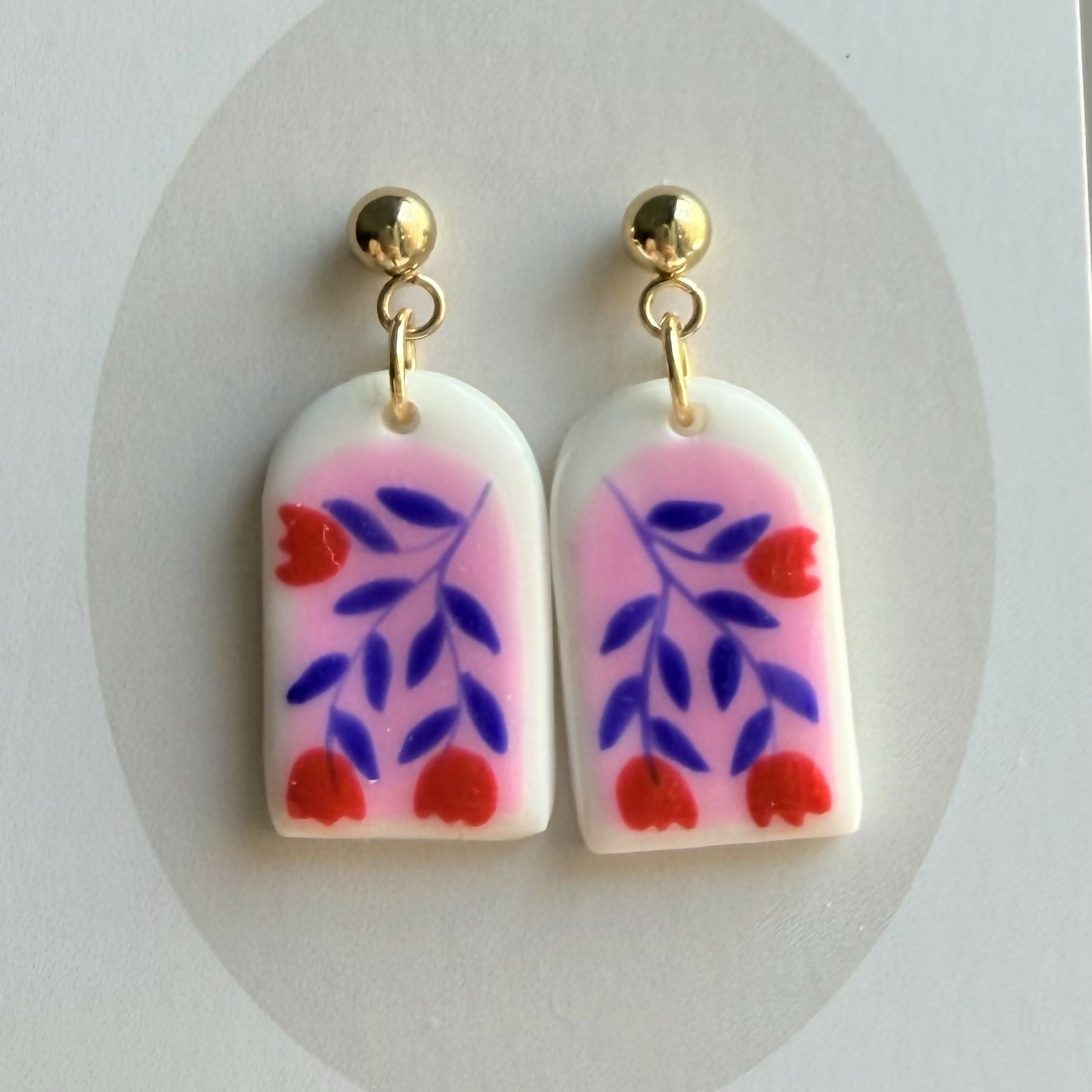 Blue Vine with Red Flowers Clay Earrings