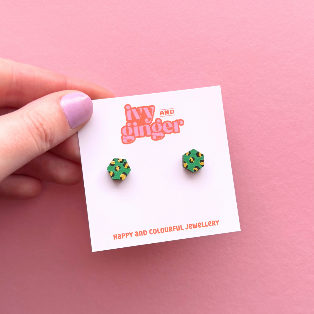 Hand Painted Mini Green and Gold Hexagon Leopard Print Stud Earrings