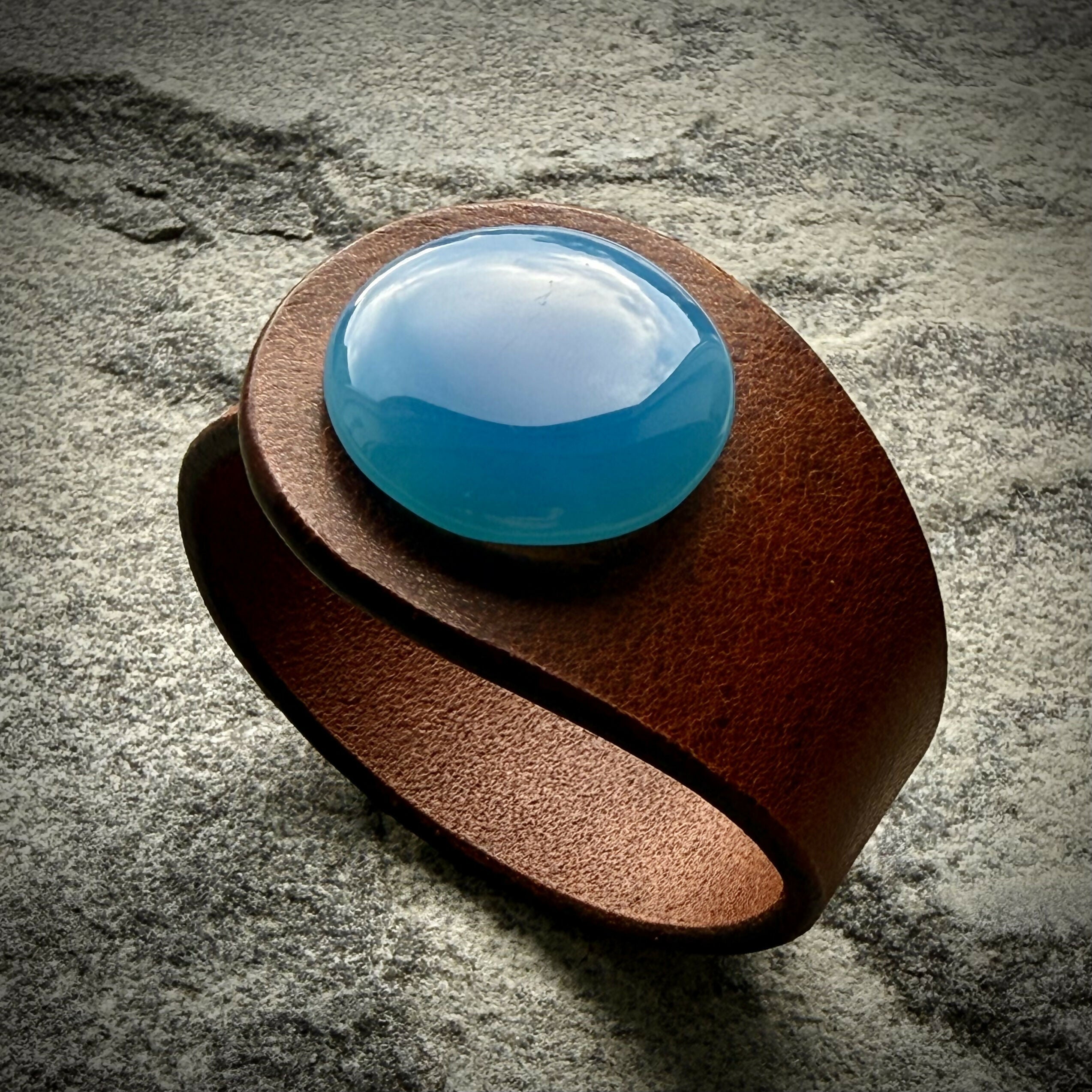 Handcrafted Natural Leather & Blue Paraiba Chalcedony Gemstone Bracelet - Size S or M