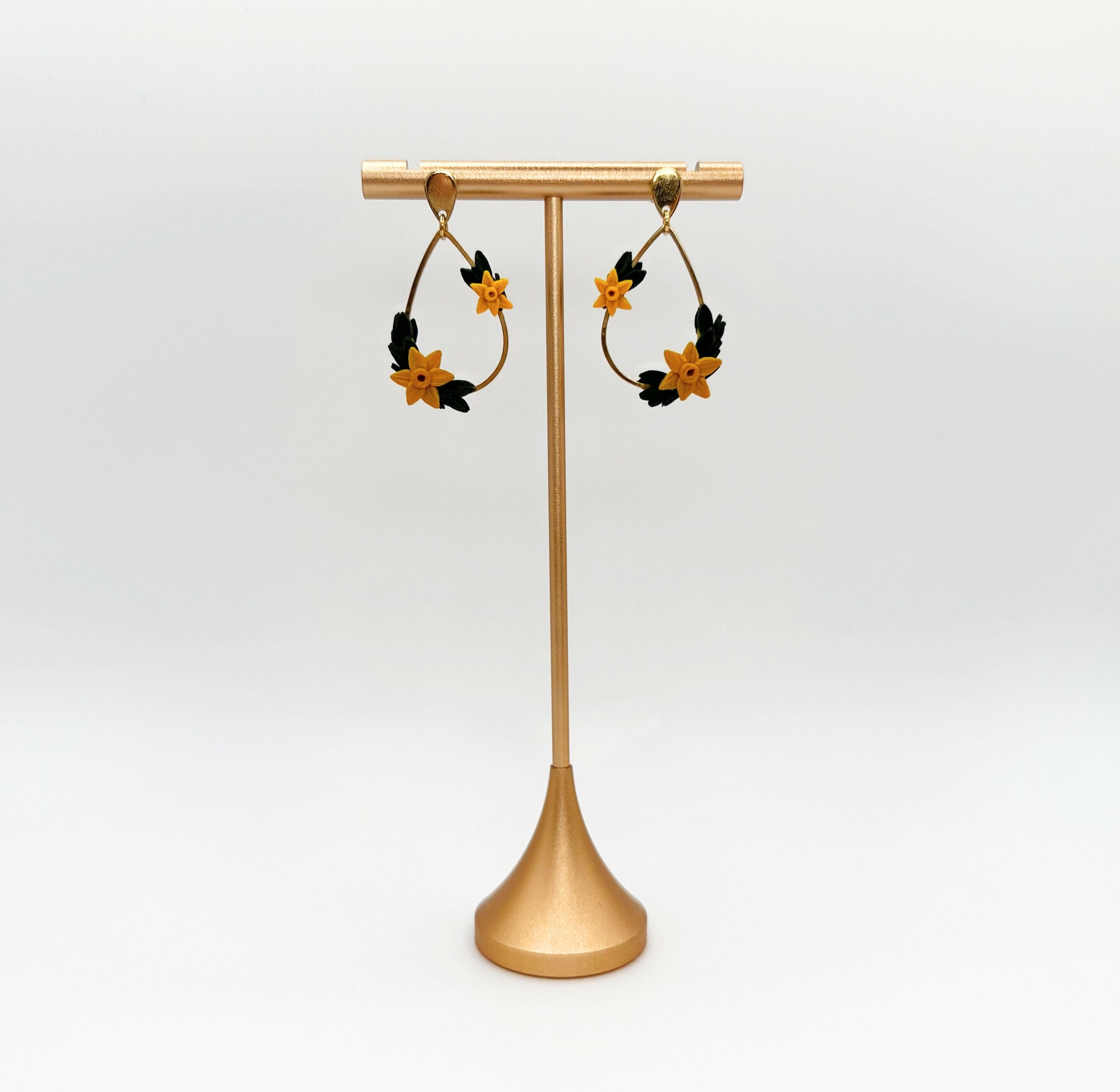 Daffodil Drop Earrings with Gold Arc in Yellow and Gold