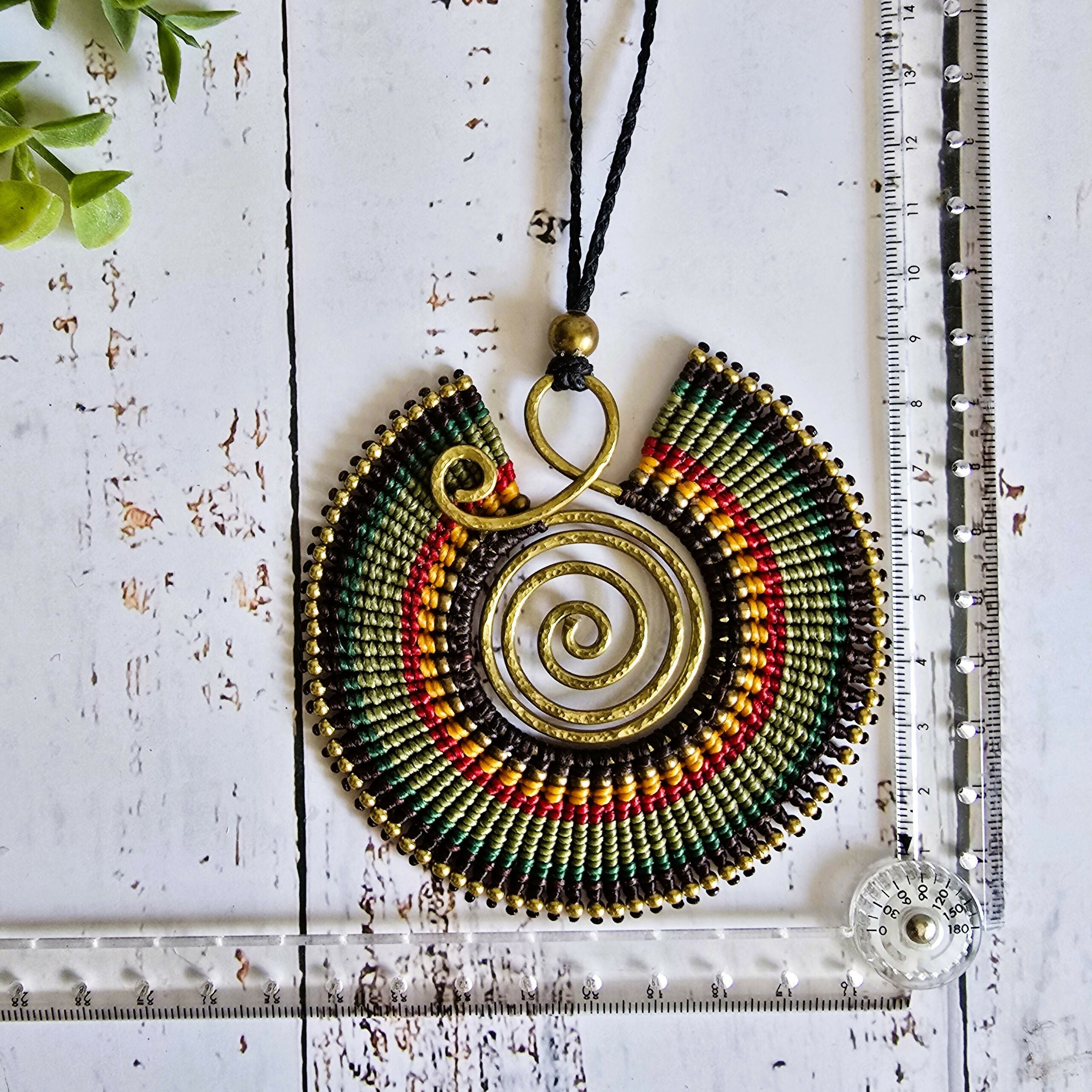 Large Green Macramé Necklace; Full Moon Boho Statement Pendant with Gold Spiral