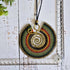 Large Green Macramé Necklace; Full Moon Boho Statement Pendant with Gold Spiral