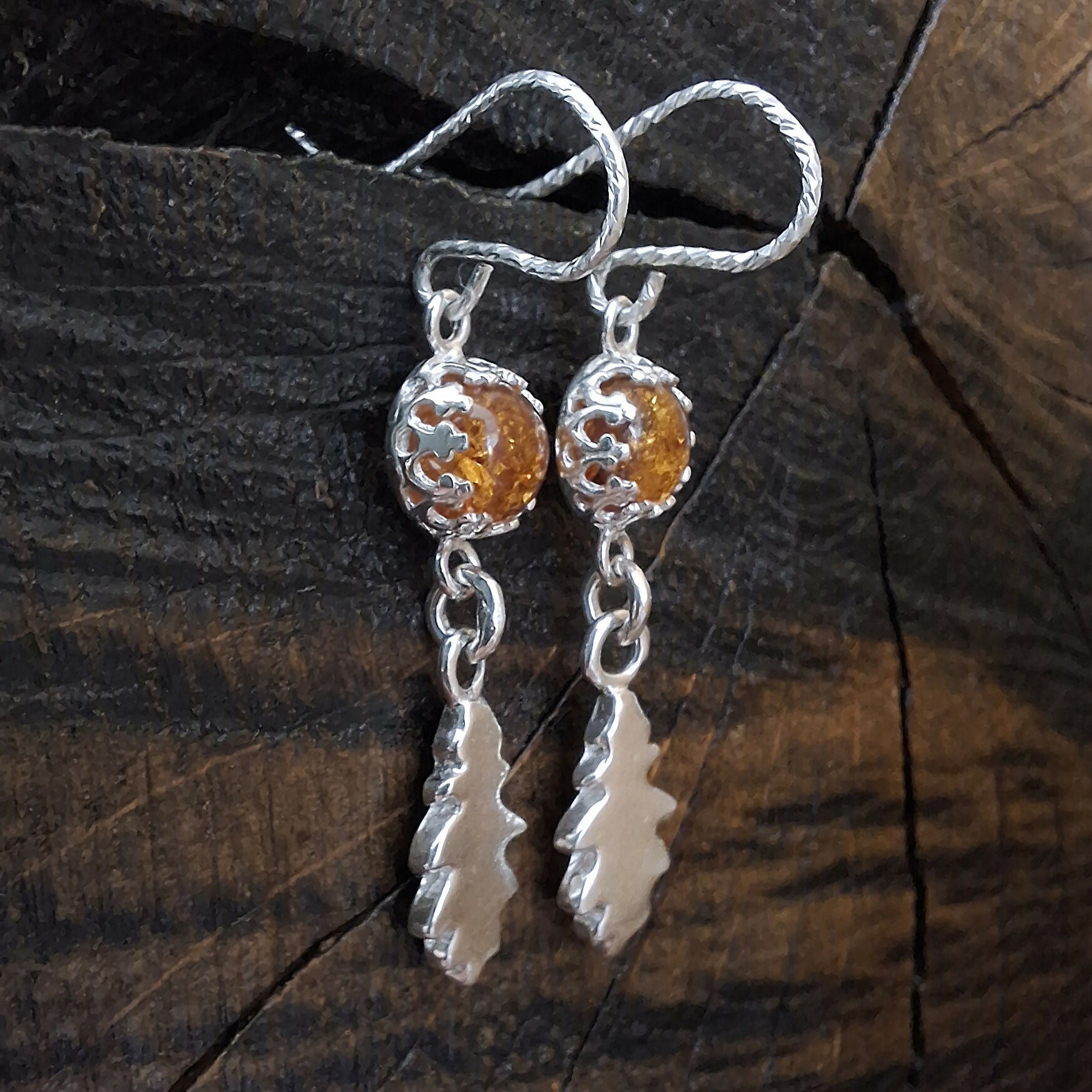 Handmade Silver Oak Leaf Earrings With Amber