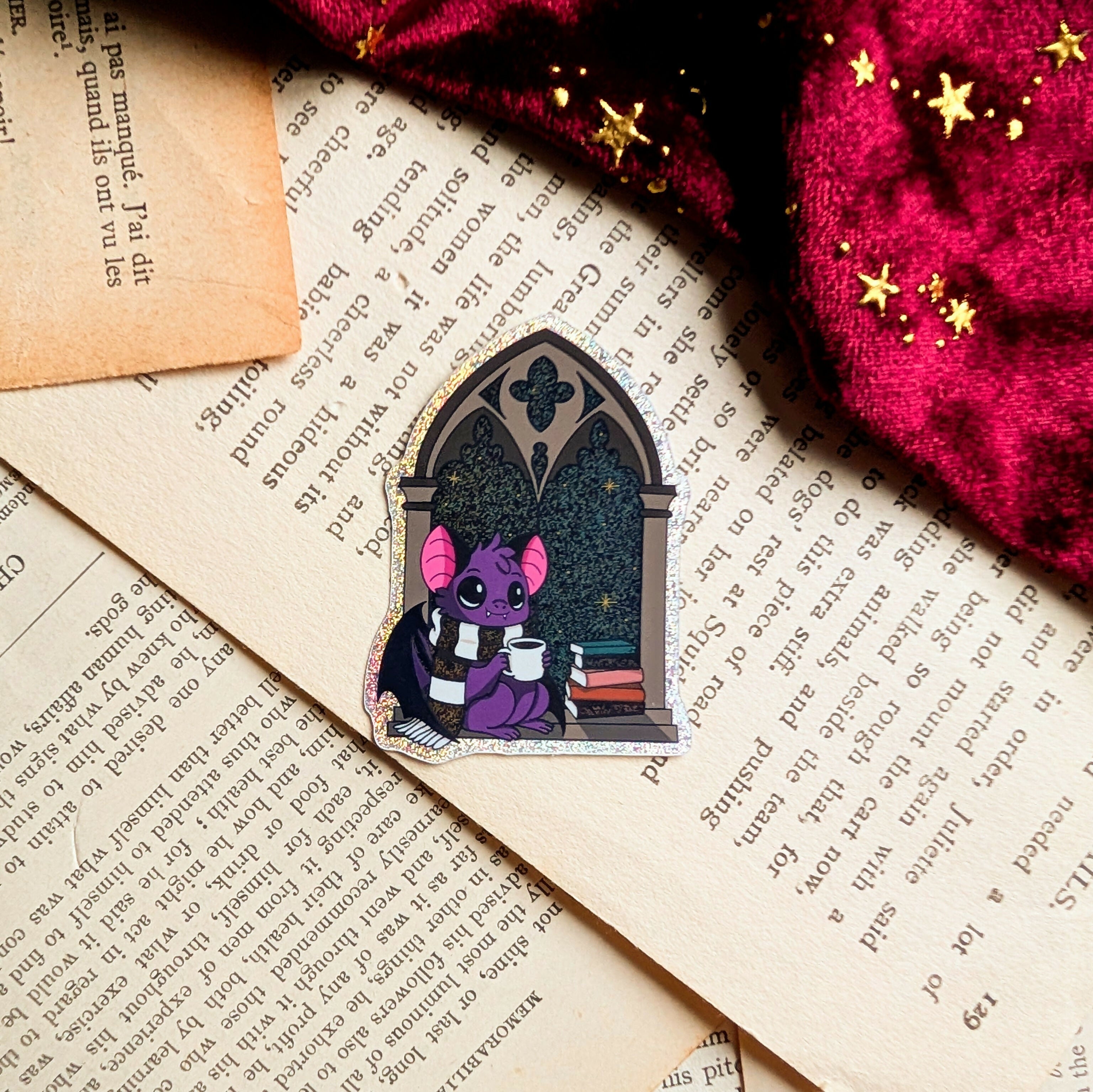 Dawn the Bat in the Bookshop Window Glitter Sticker