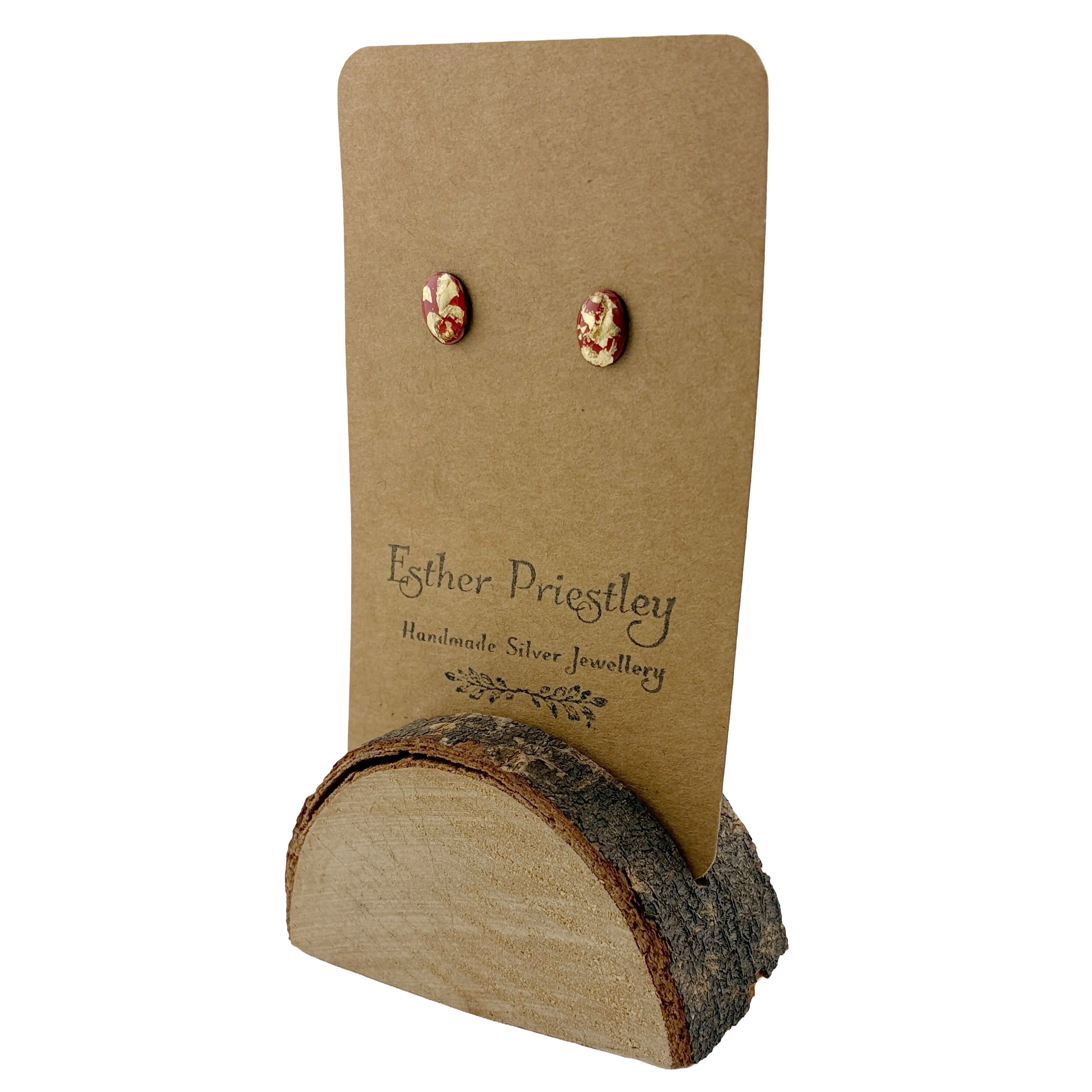 Gold Leaf on Red Oval Earrings - with sterling silver earring posts