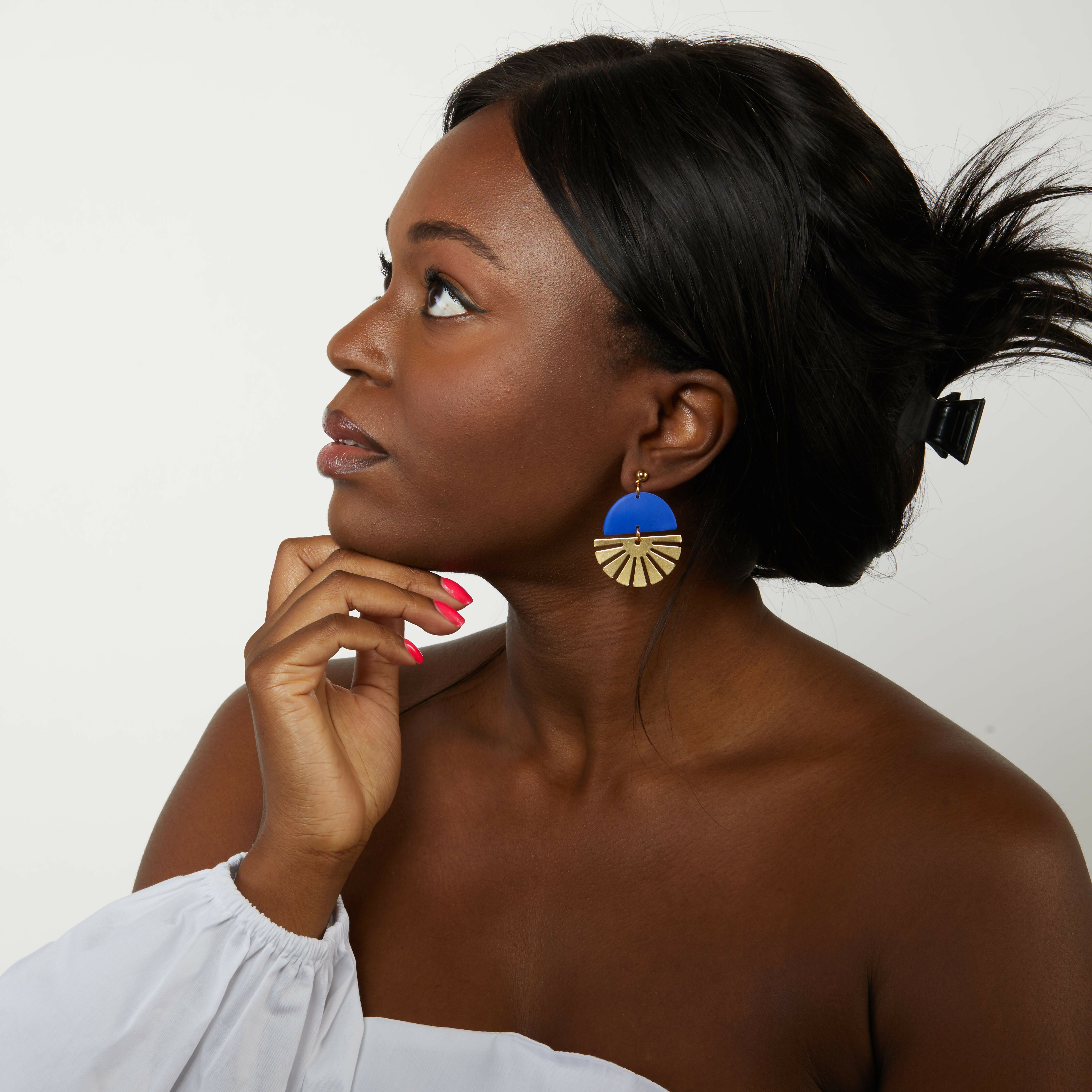 Indie Cobalt Blue Polymer Clay & Gold Sunburst Statement Earrings