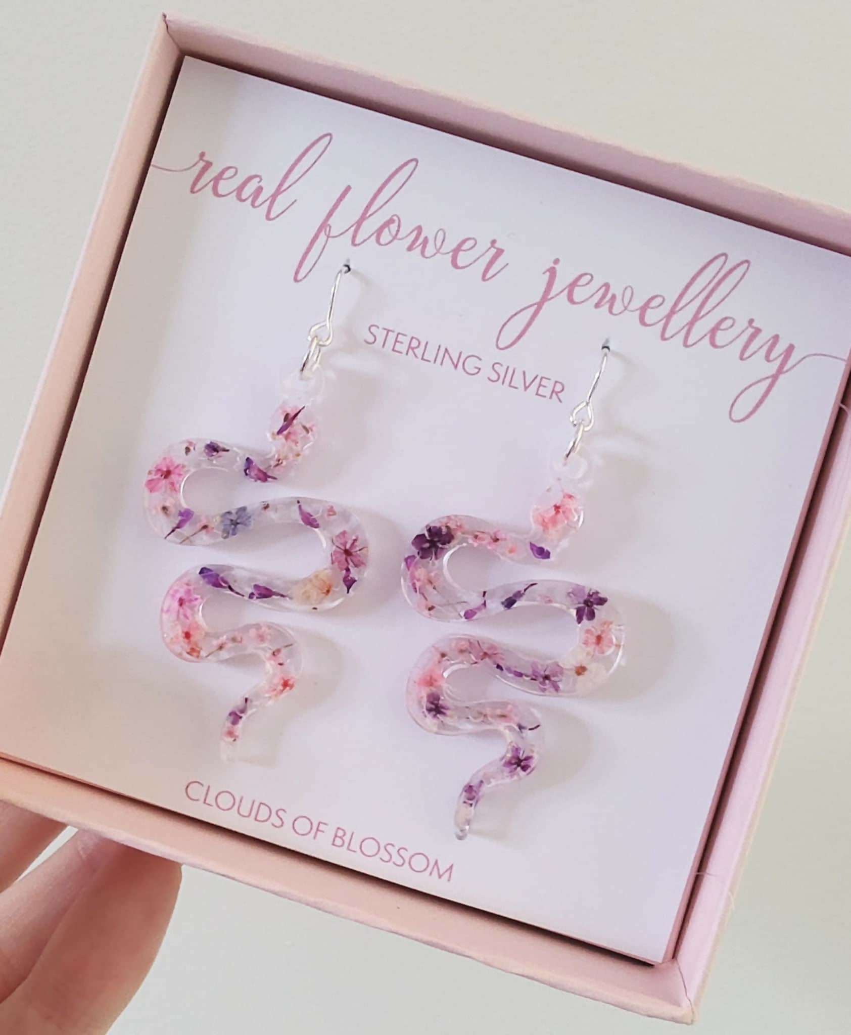 Real Flower Pink Snake Earrings Sterling Silver