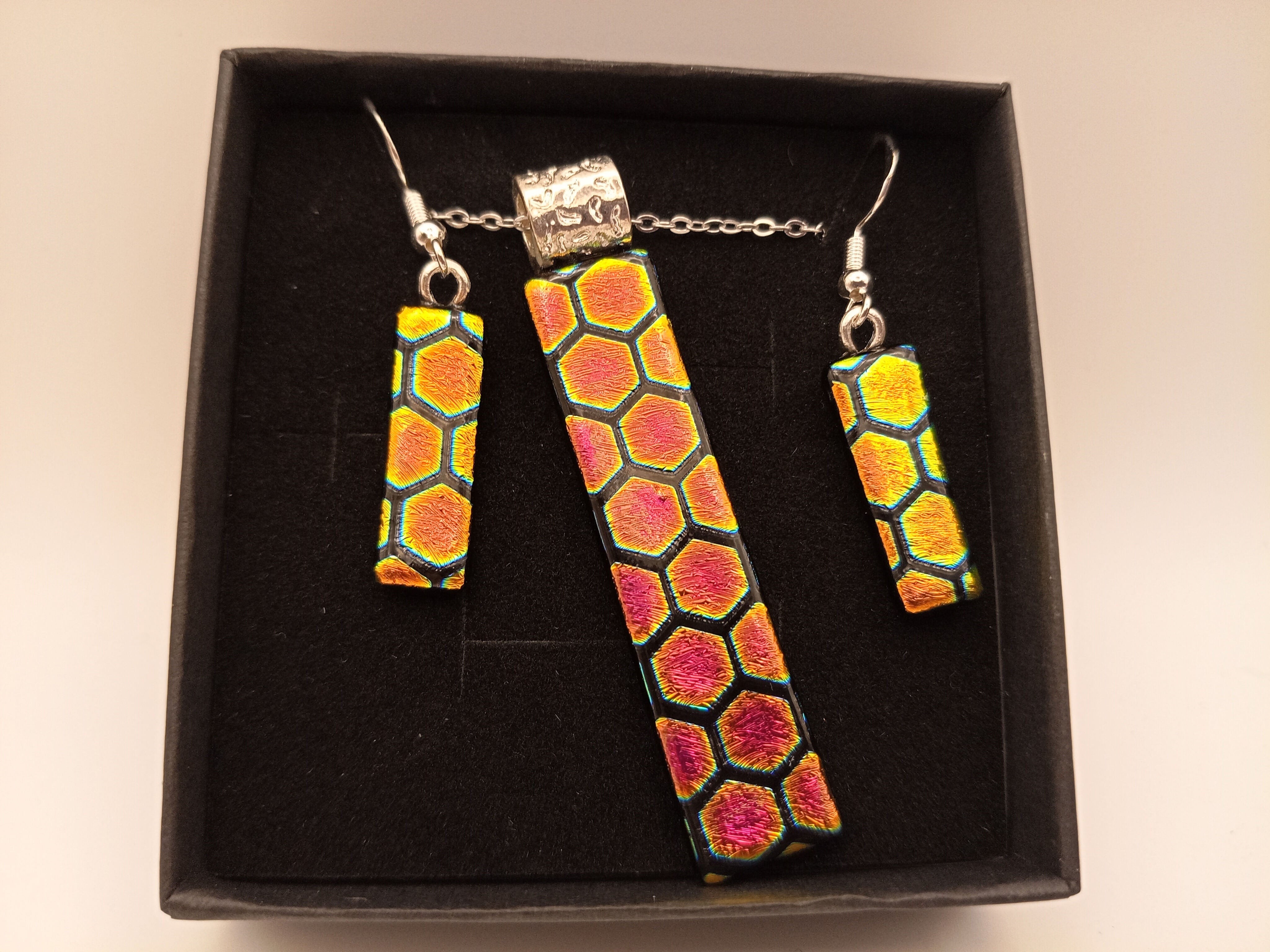 Pink and Gold Hexagon Pendant and Earring Set