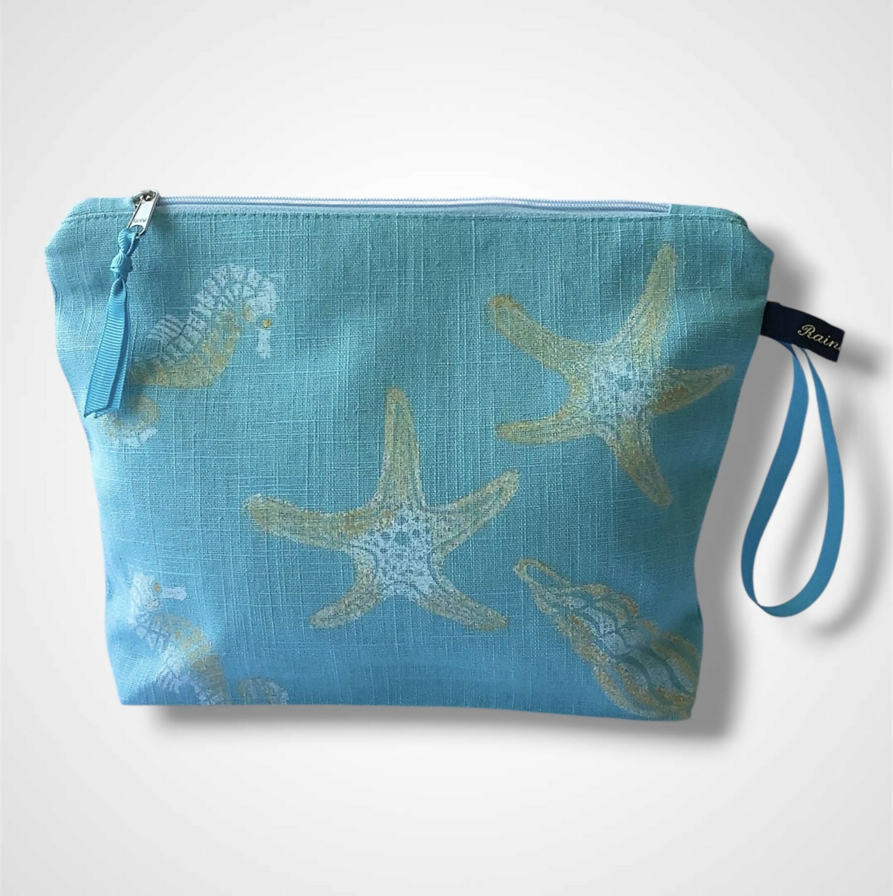 Sky Blue Sea Shells Linen Women’s Makeup Bag