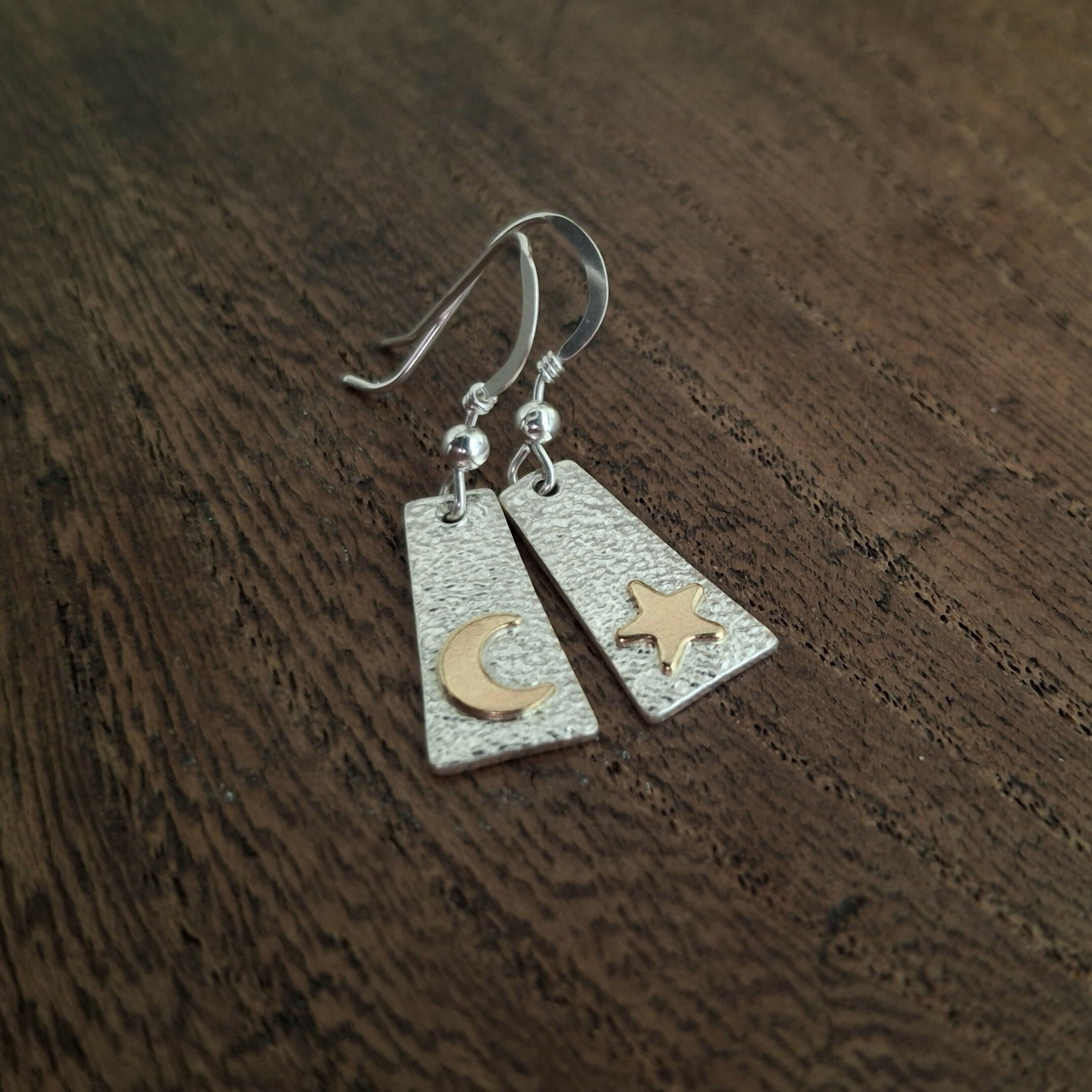 Handmade Moon & Star Silver Gold Earrings
