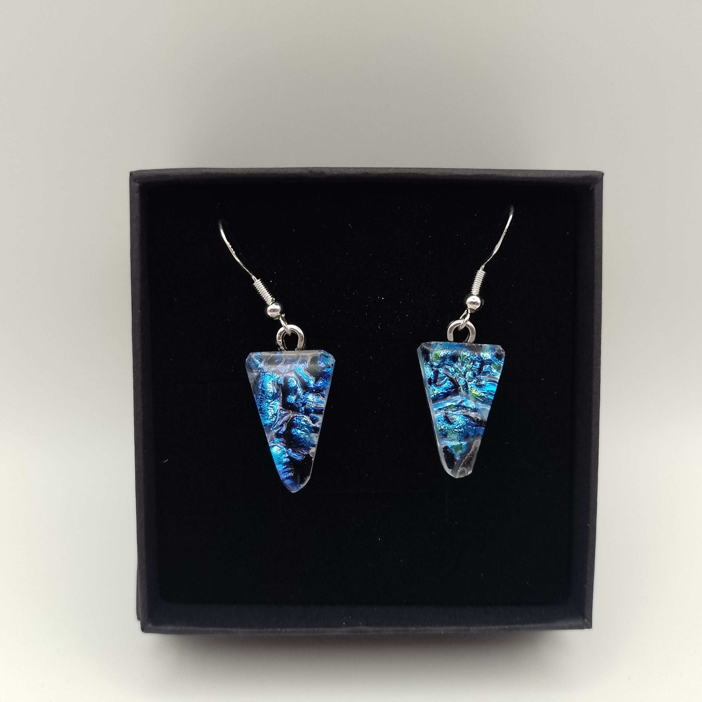 Blue Speckled Triangular Dichroic Glass Earrings