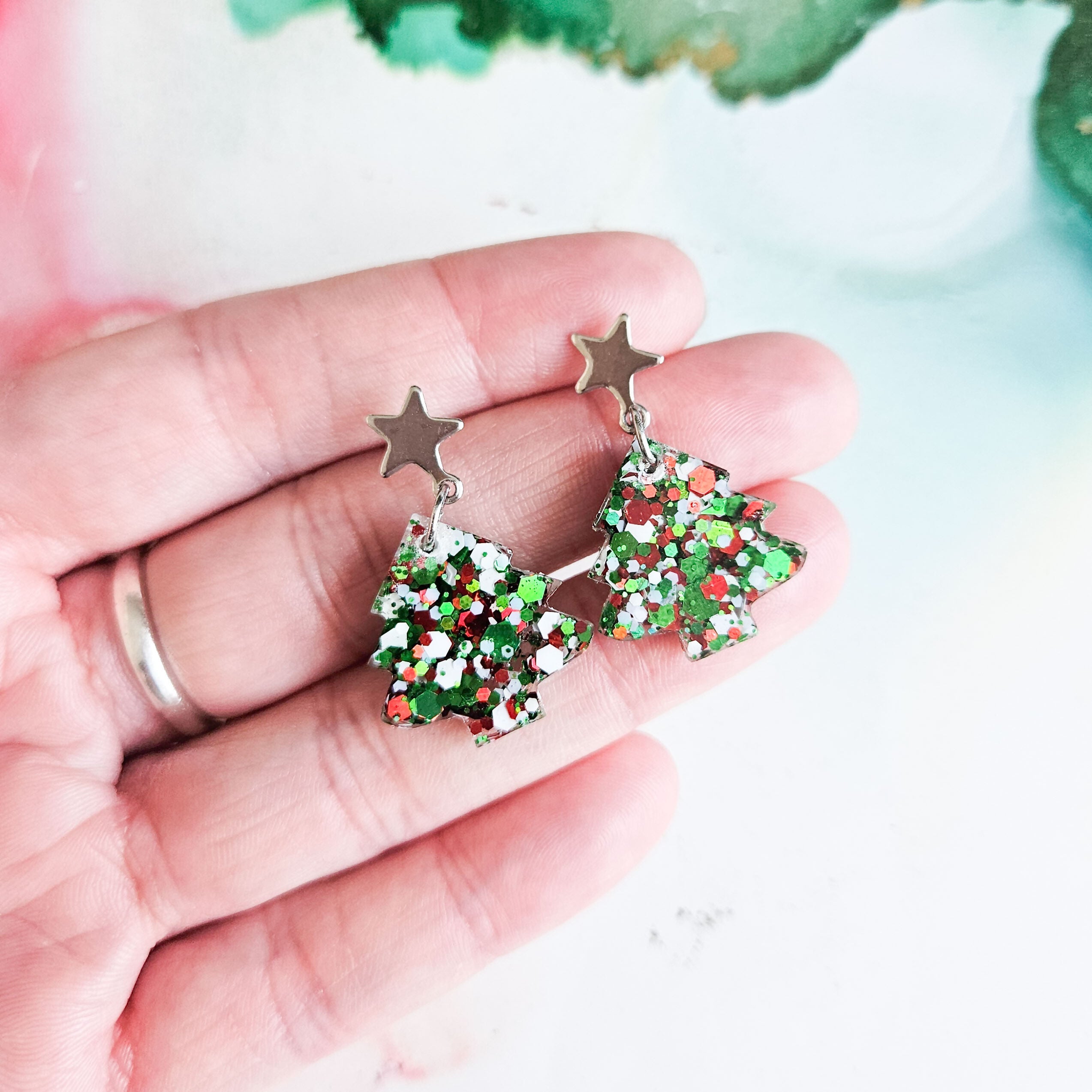 Handmade Glitter Christmas Trees Earrings With Star Studs