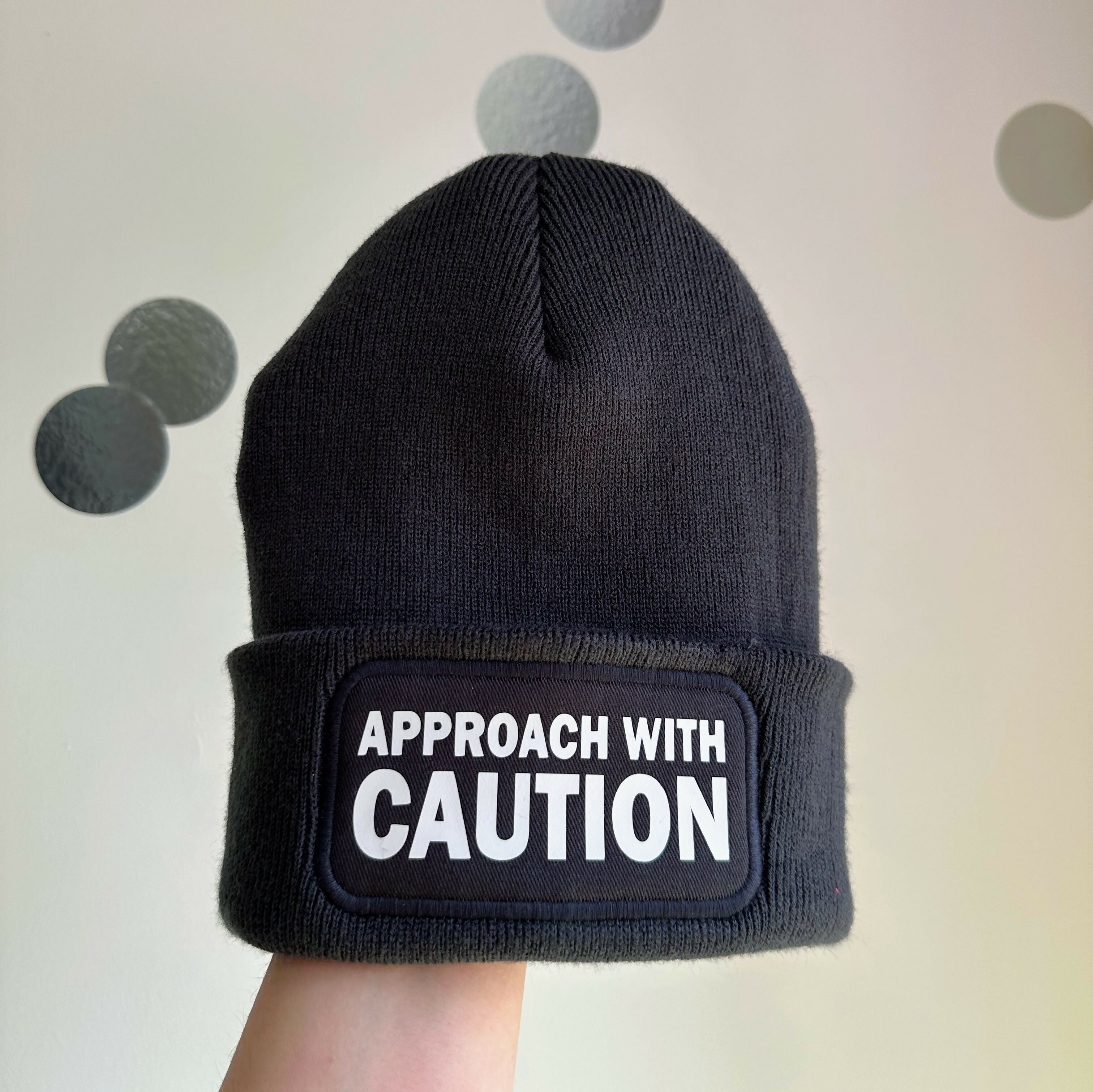 Approach With Caution Cuffed Rectangular Patch Beanie Hat