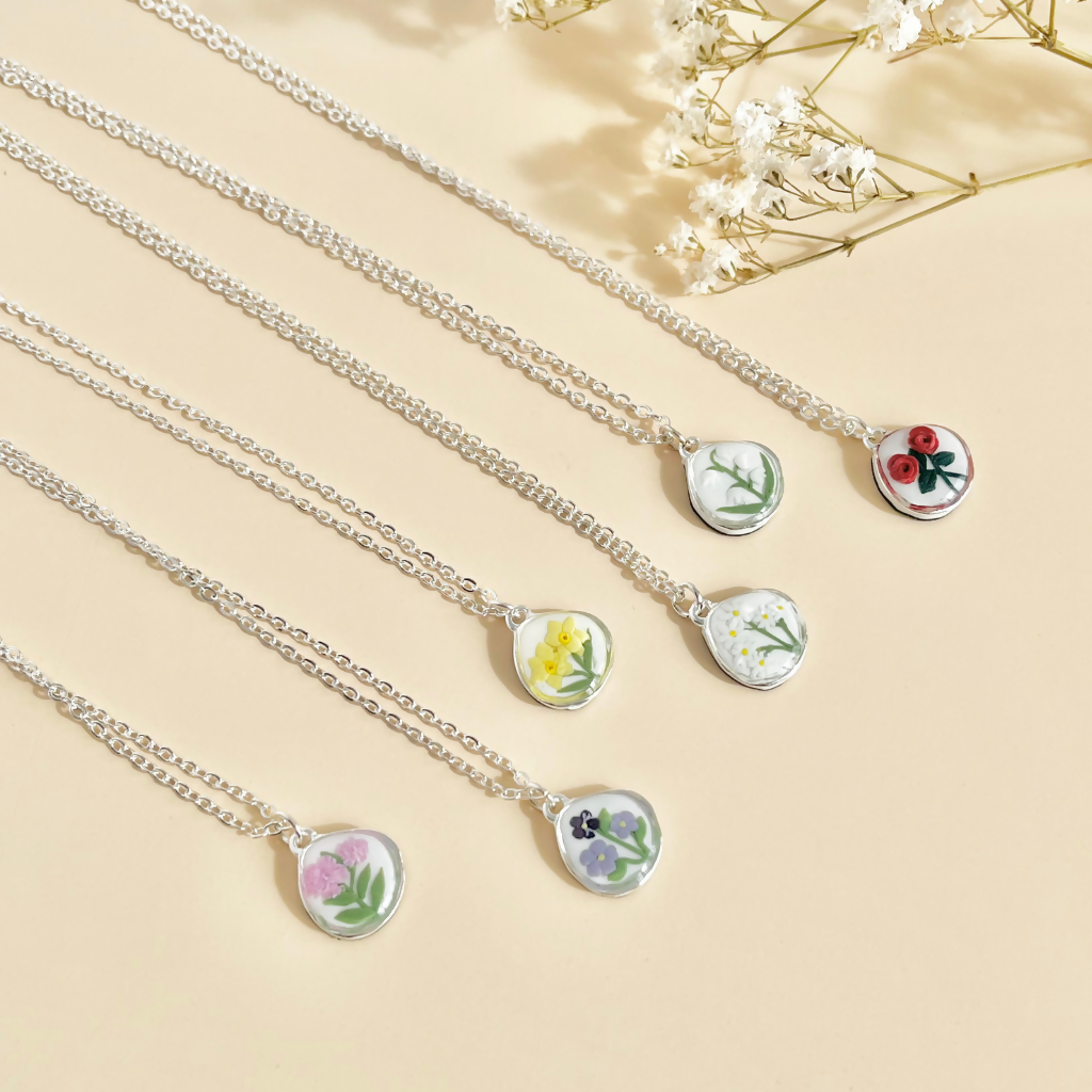 Birth Flower Pendant Necklace - Handmade Polymer Clay Necklace