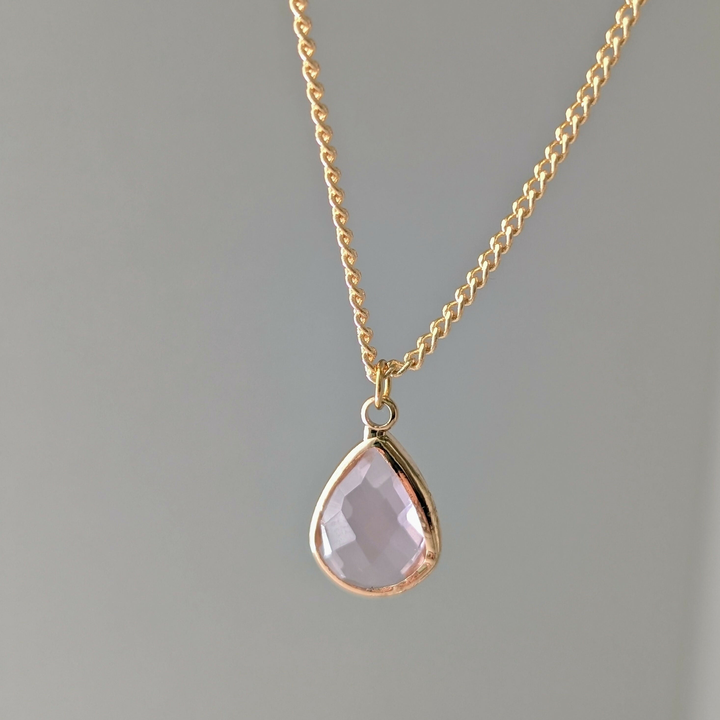 Light Powder Pink Faceted Crystal Teardop Charm Necklace on a Gold Plated Chain