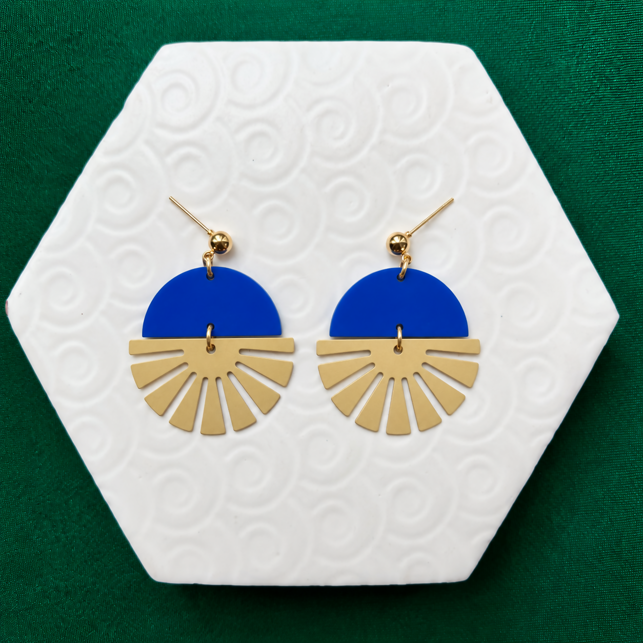 Indie Cobalt Blue Polymer Clay & Gold Sunburst Statement Earrings
