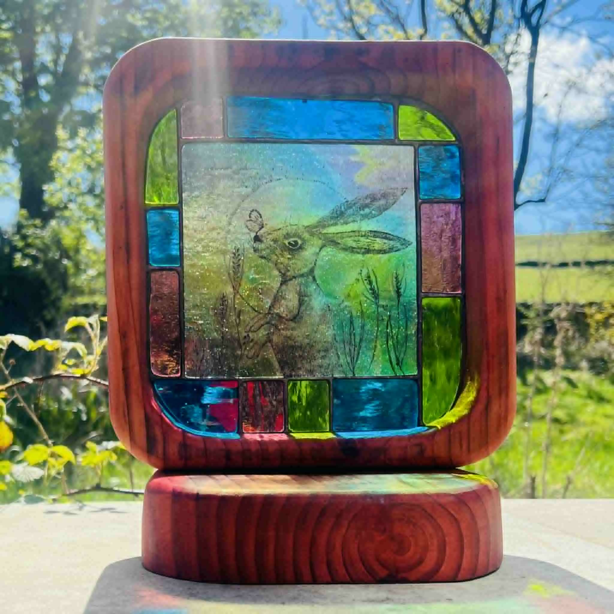 Colourful Stained Glass Hare in Wood Ornament