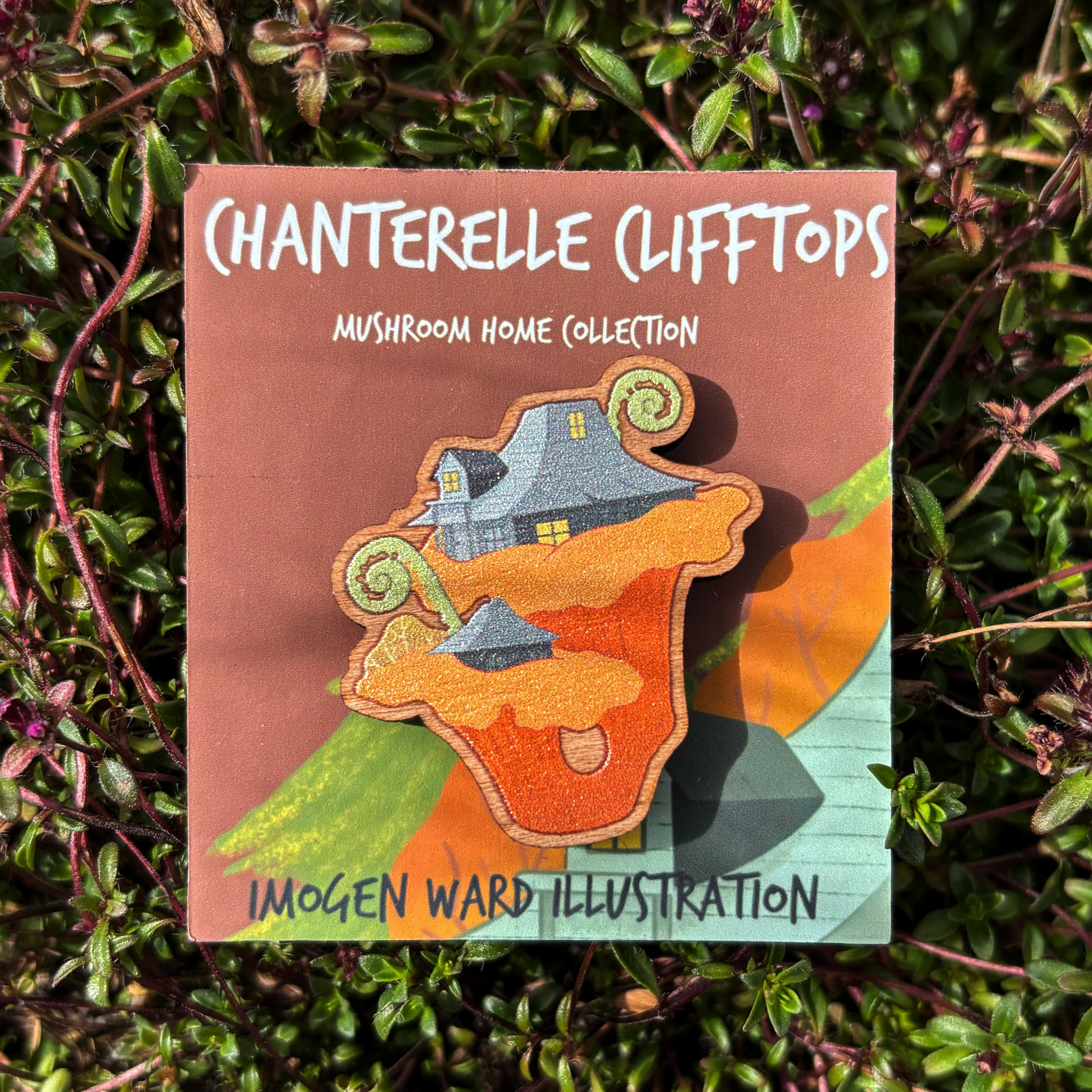 Cottagecore, Whimsical Wooden Mushroom House Pins - Chanterelle clifftop