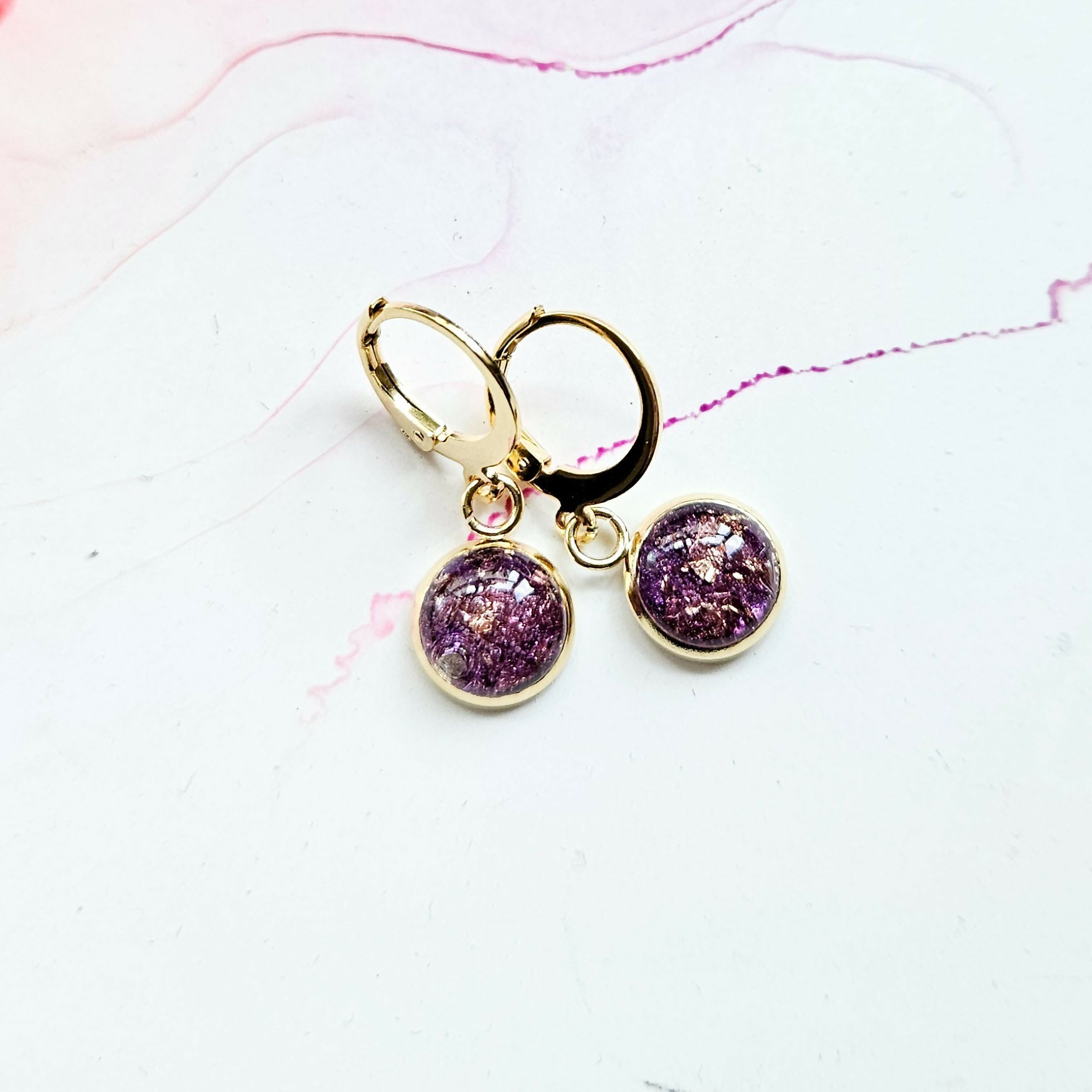 Handmade Purple Or Emerald And Gold Leaf Resin Charms On Golden Huggie Hoops