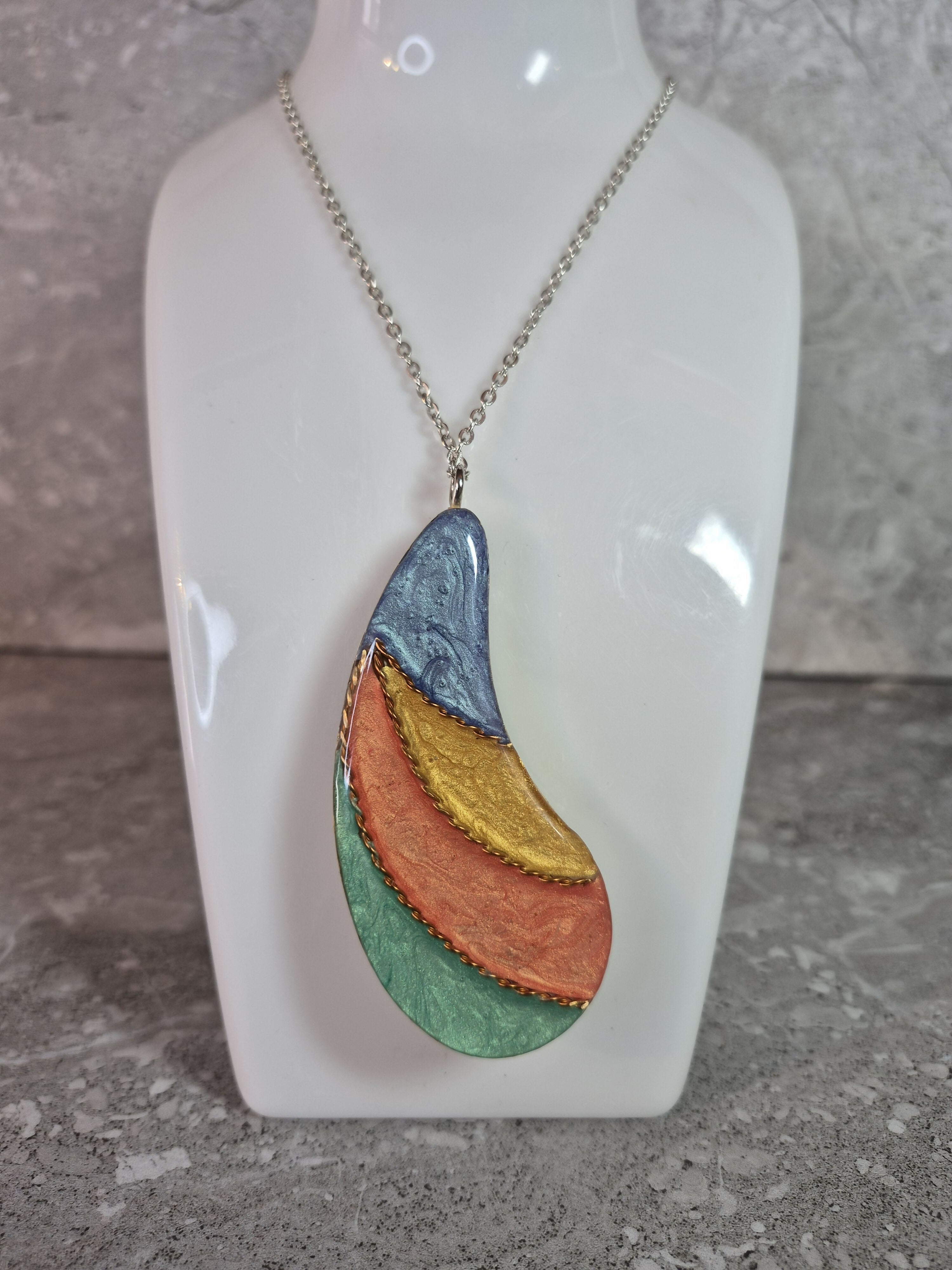 Unique Hand Crafted Double Sided Tear Drop Shape Pendant With Swirling Blue, Gold, Red and Green Colours