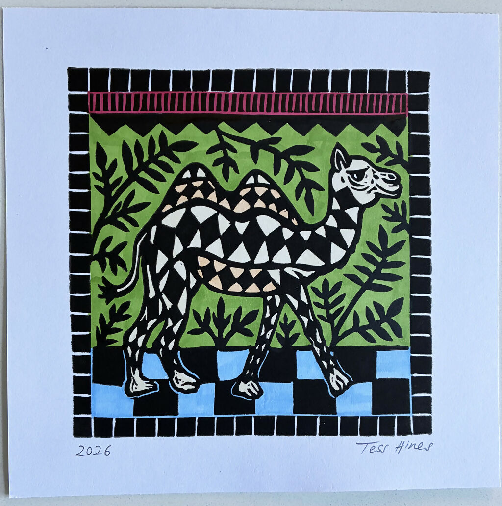 Original Linocut Print of a Camel.