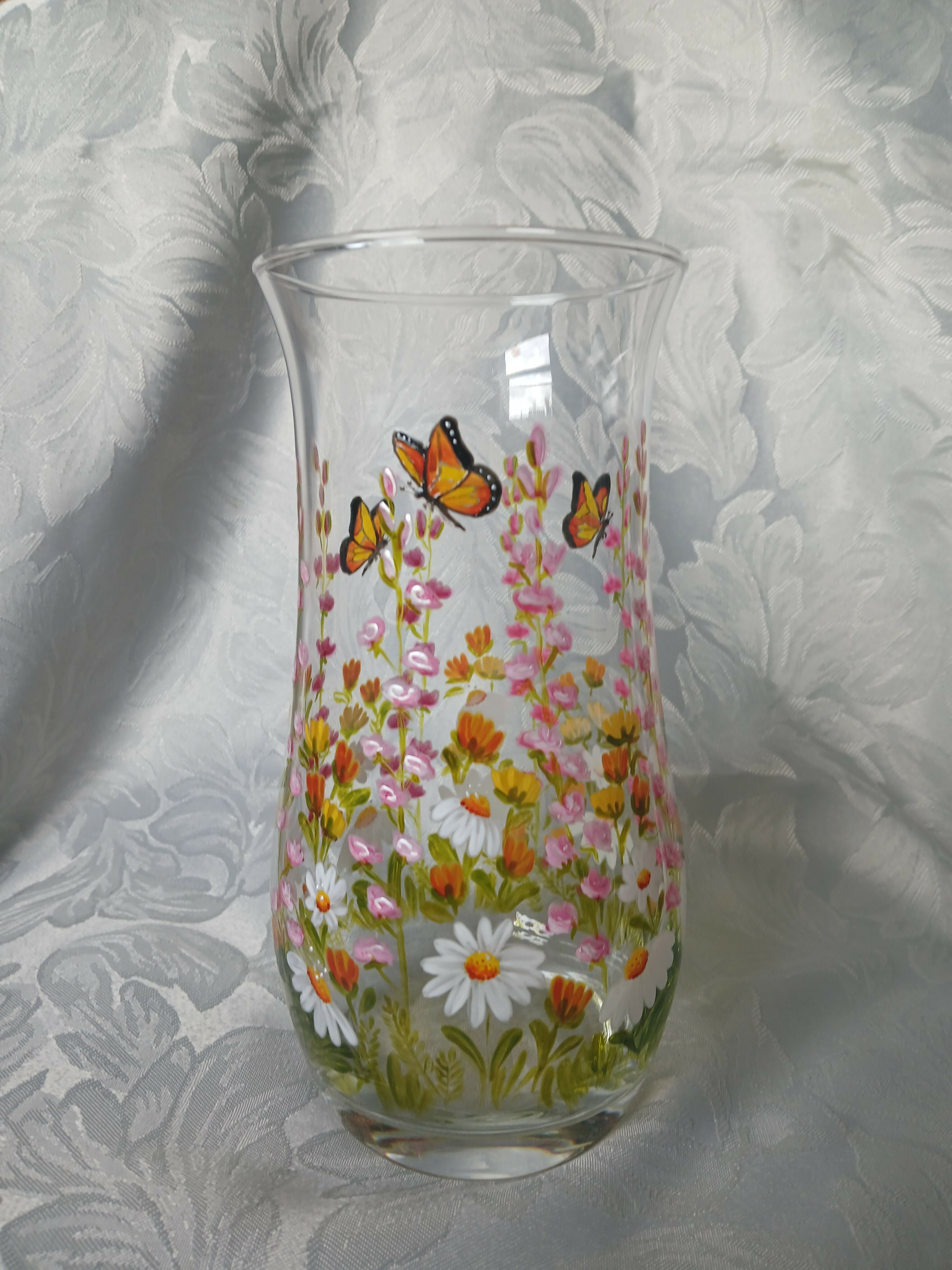Hand Painted Glass vase, Choice of Flowers.