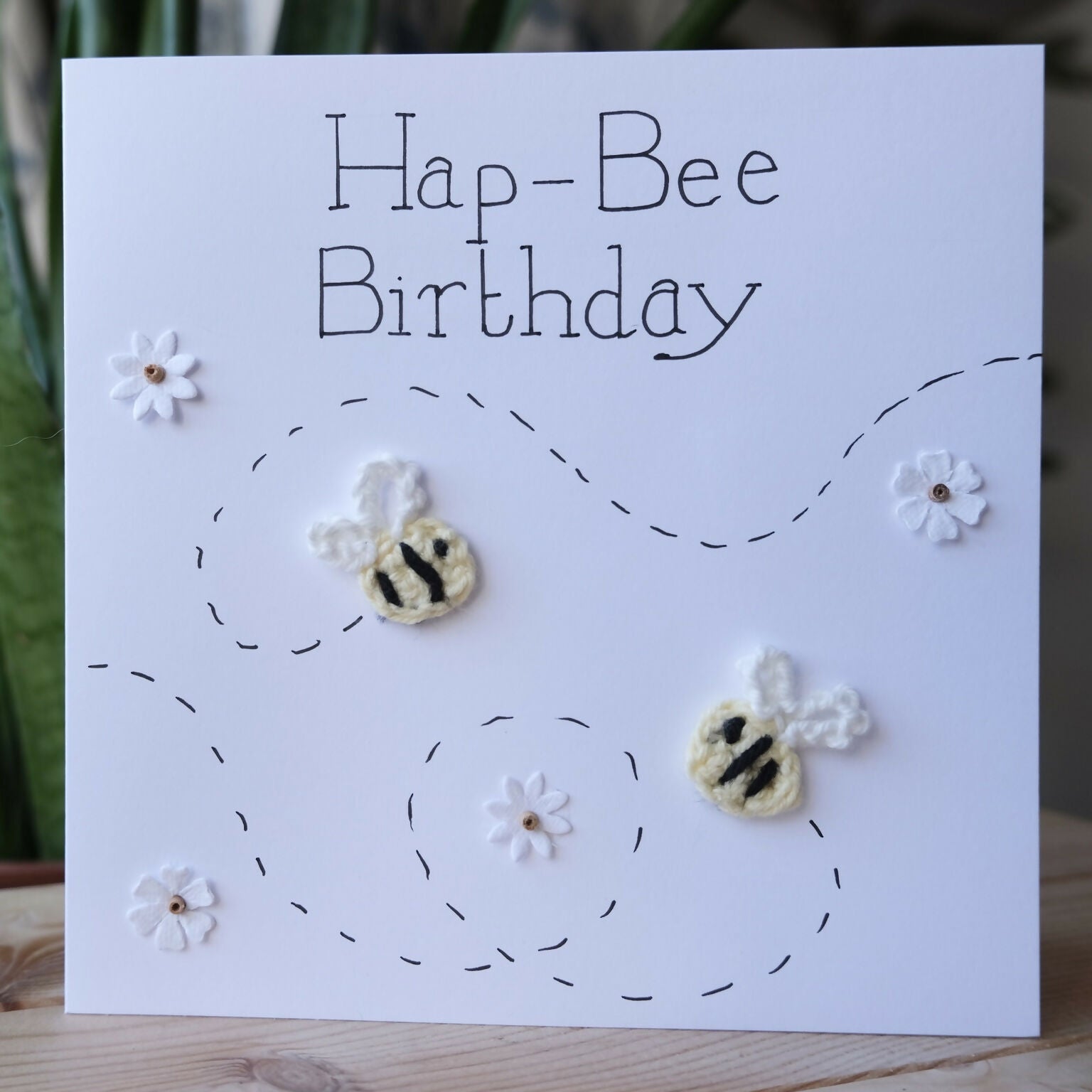 Happy Birthday Card (Hap-Bee Birthday) with Crocheted Bees.