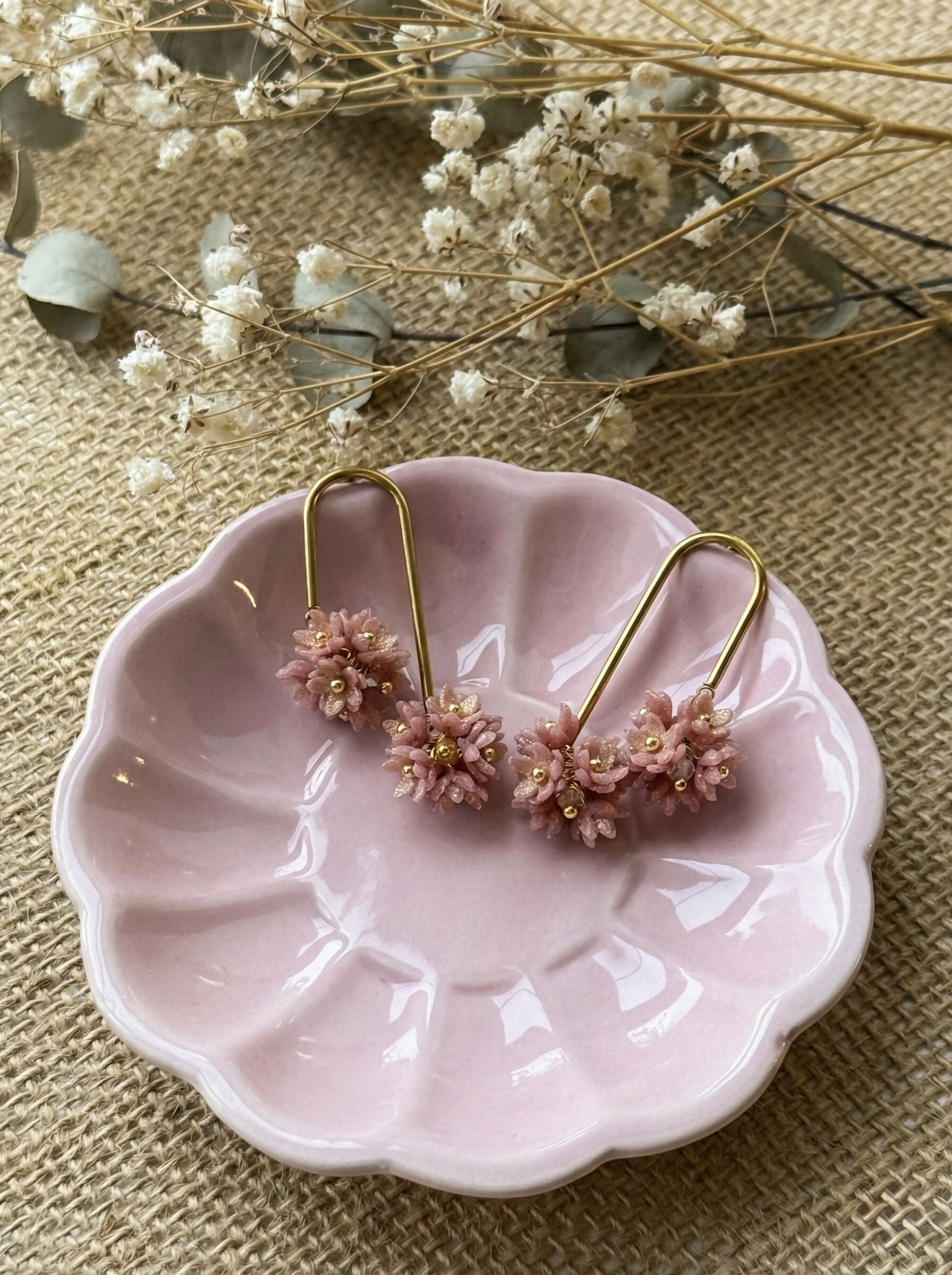 Floral Drop Earrings with Gold Arc and Flower Cluster in Blush Pink