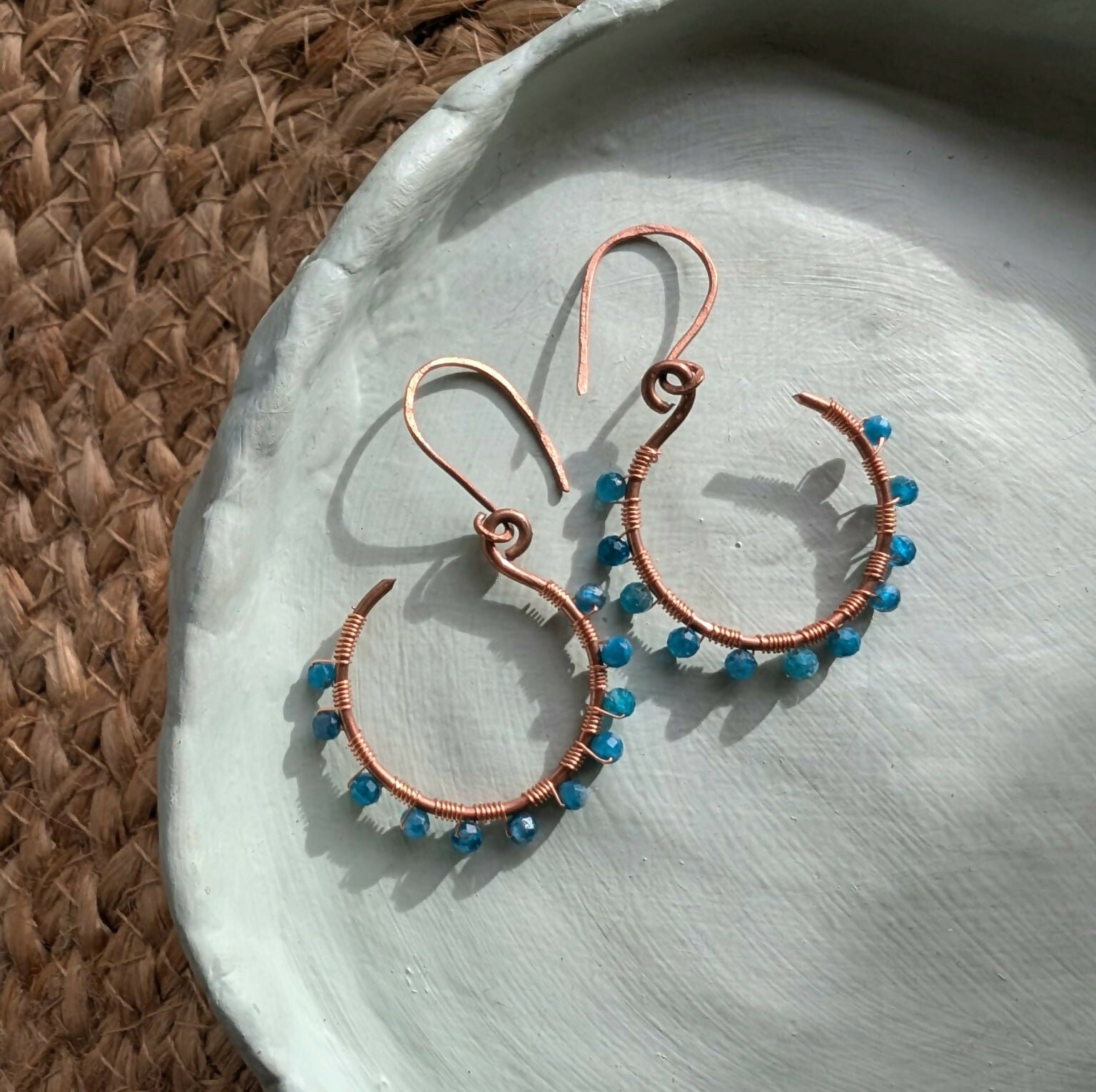 Hand wrapped Copper & Apatite Hoop Earrings